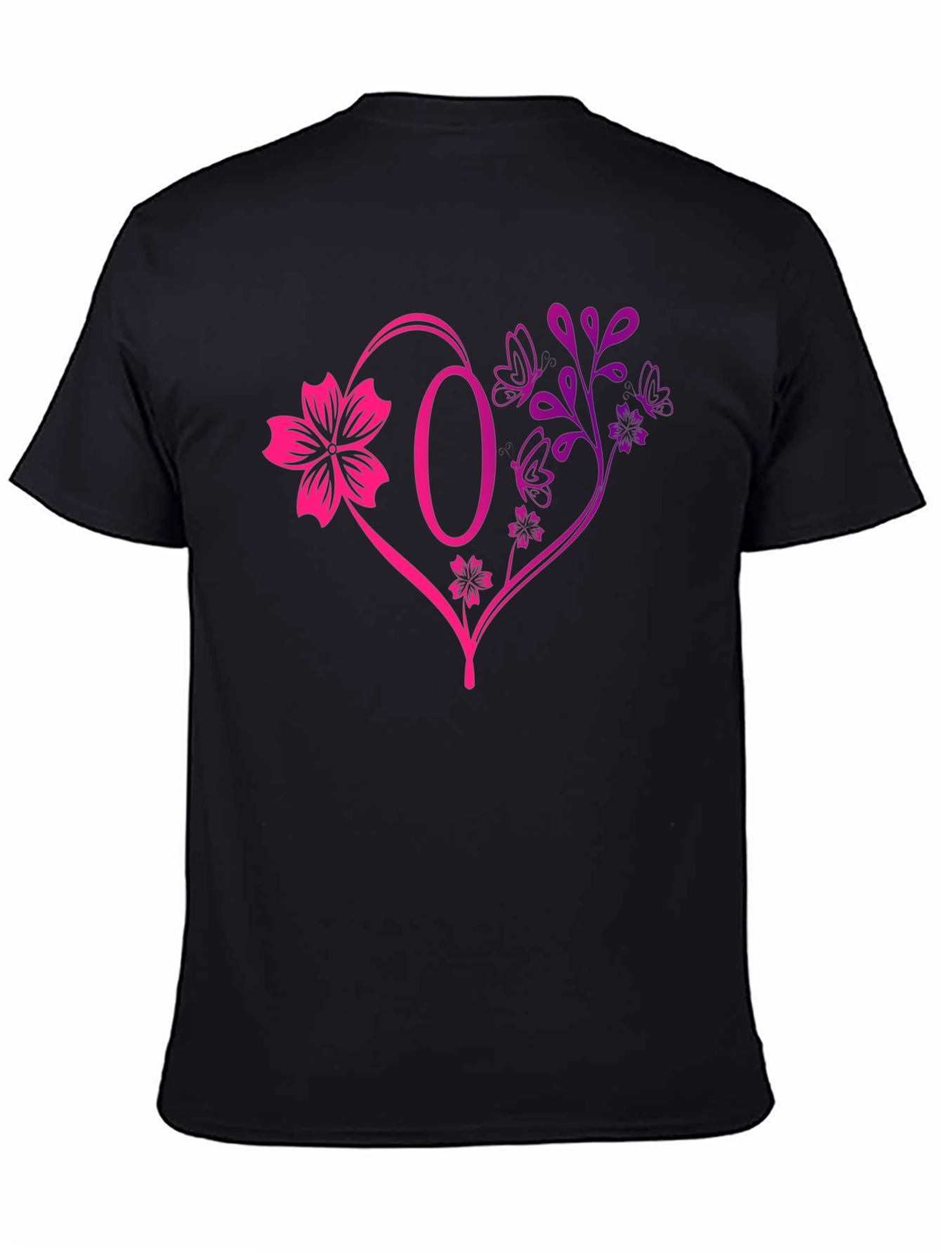 Black Floral Heart Initial T-Shirt - Personalized Letter O Design view 4