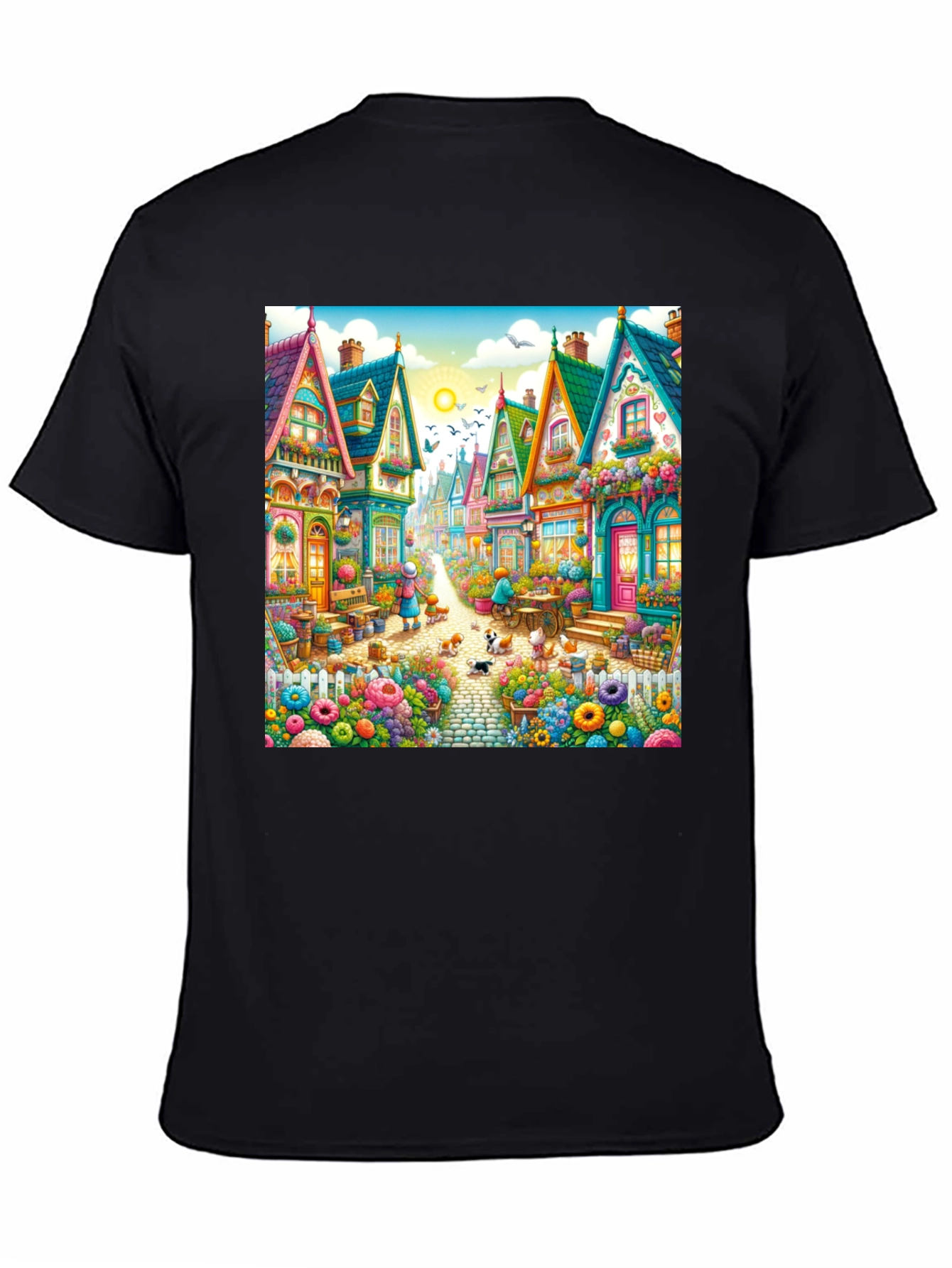 Black Whimsical Village T-Shirt - Colorful Town Design view 4