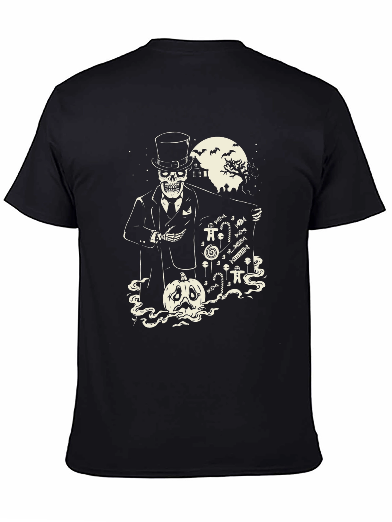 Black Spooky Skeleton Halloween T-Shirt - Candy Pumpkin Design view 4