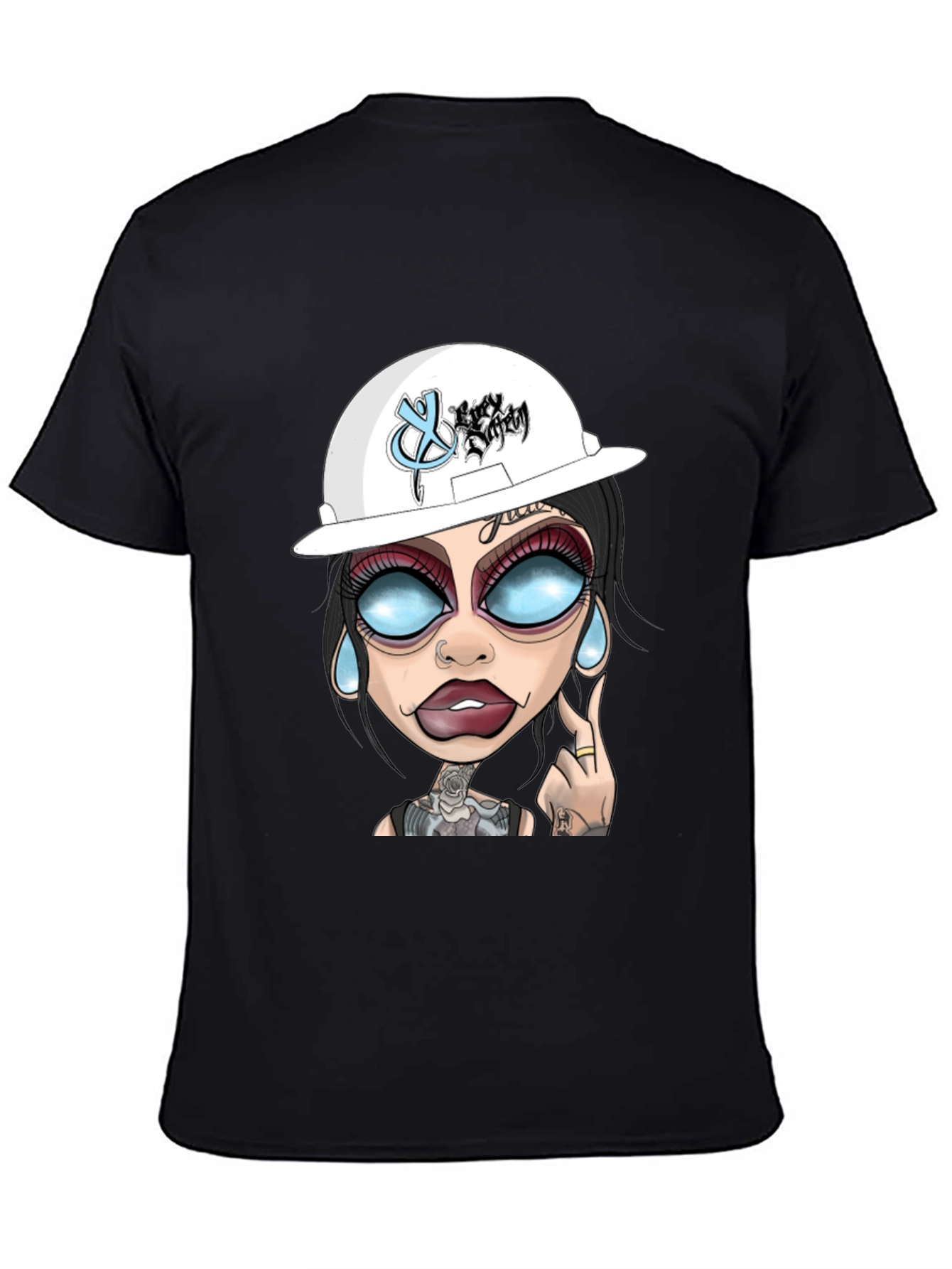 Black Cartoon Graphic T-Shirt - Edgy Tattoo Girl Design view 4