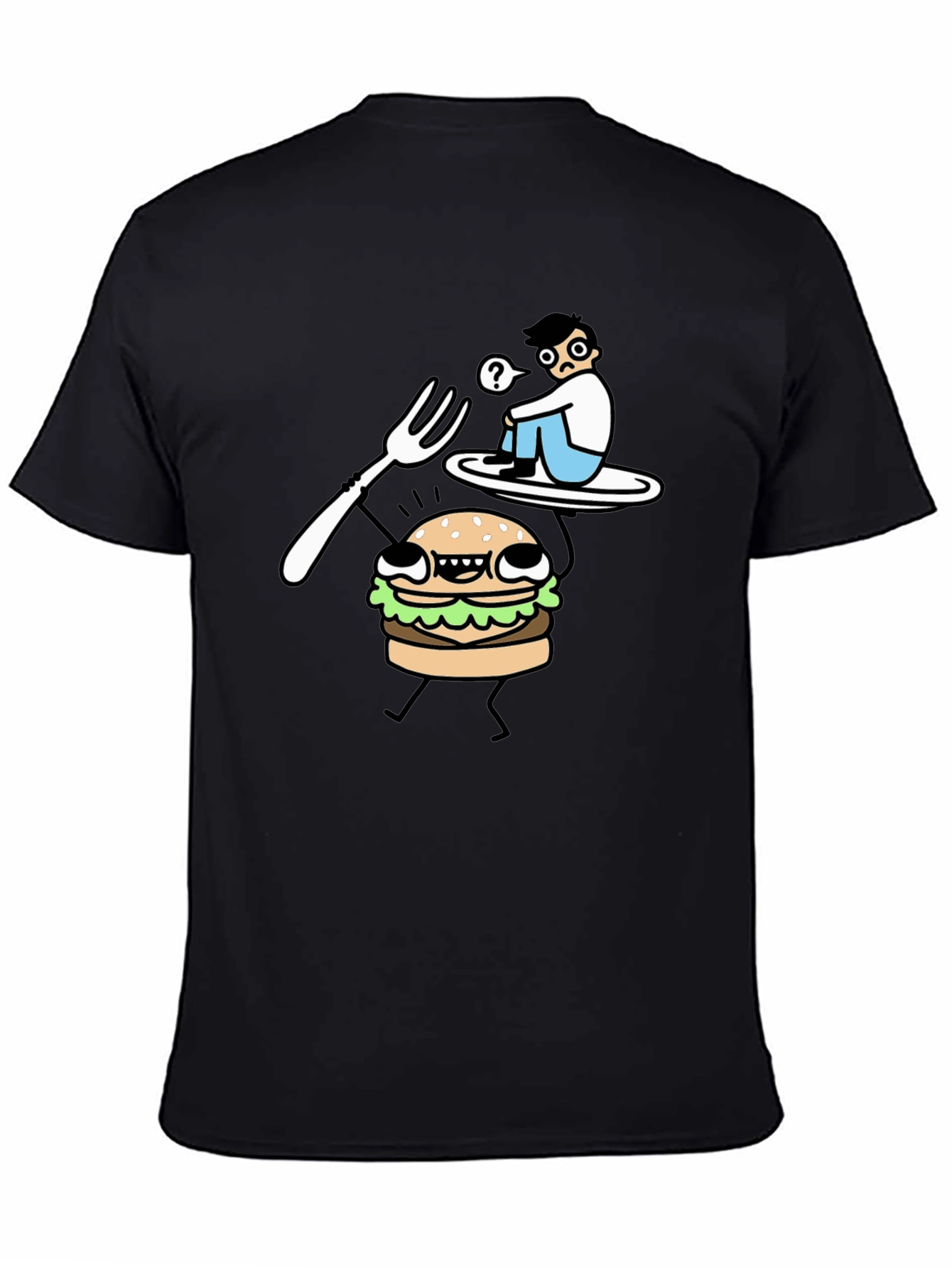 Black Funny Cartoon Burger T-Shirt - Black Cotton Tee view 4