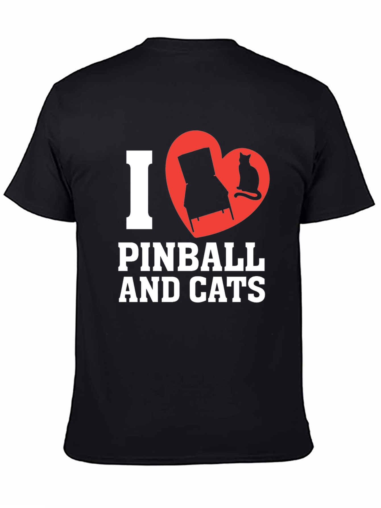 Black I Love Pinball and Cats Graphic T-Shirt view 4