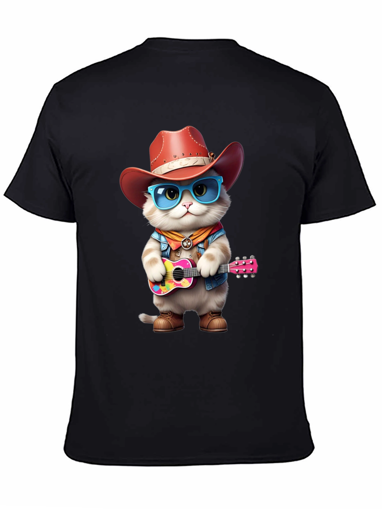 Black Cat Cowboy Guitar T-Shirt view 4