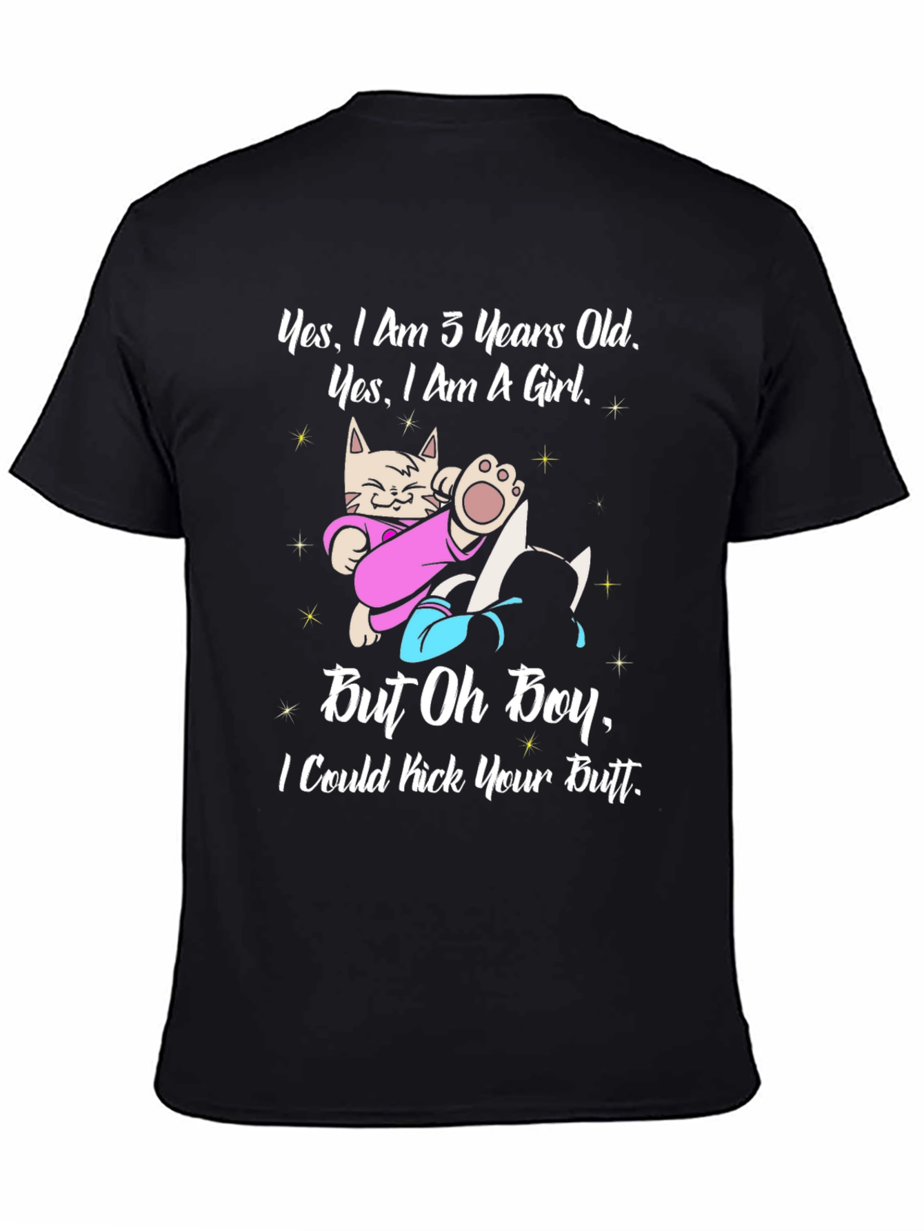 Black Funny Cat Girl T-Shirt - 3 Years Old and Ready to Kick Butt! view 4