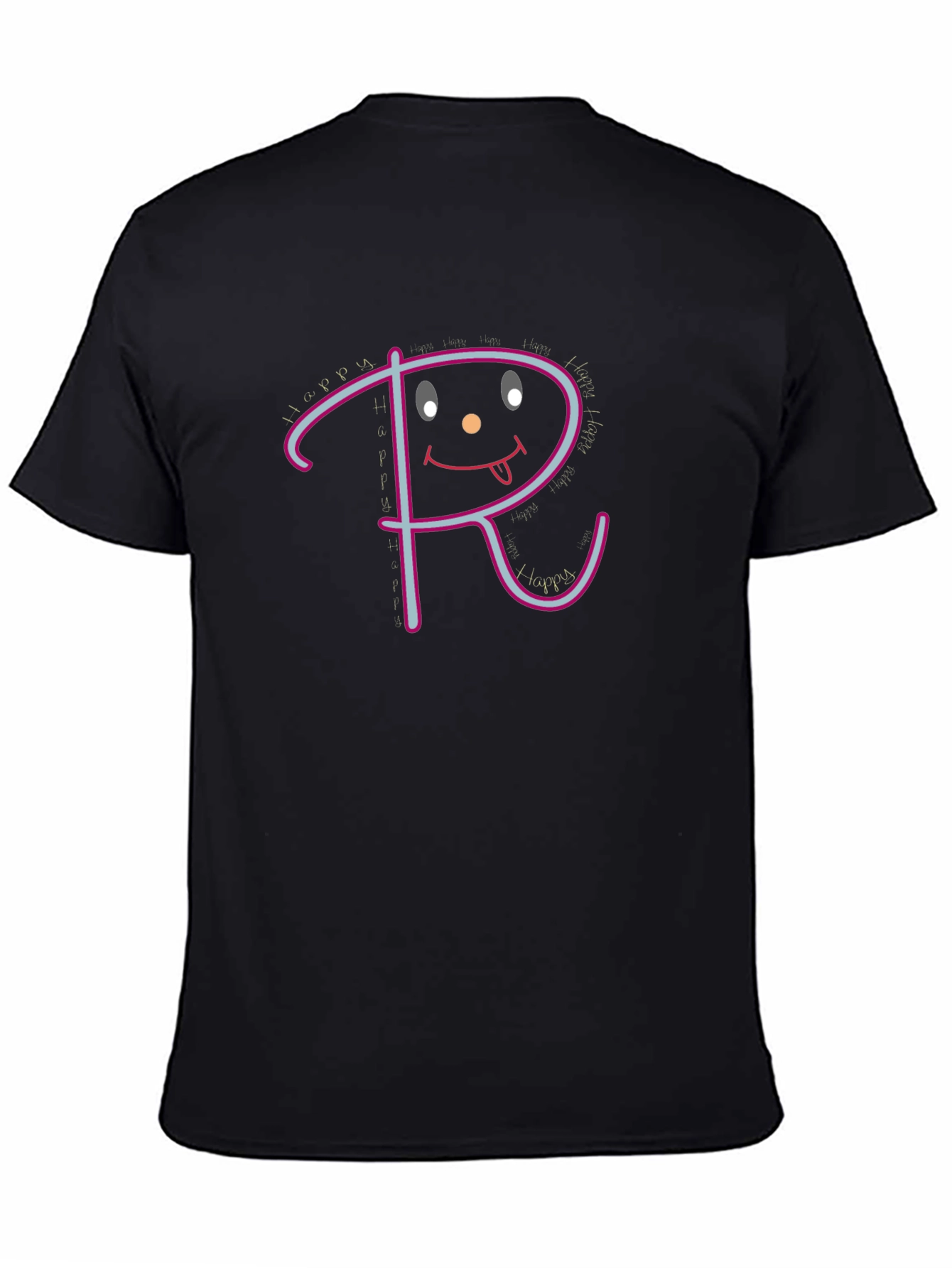 Black Happy Face Initial 'R' Graphic Black T-Shirt view 4