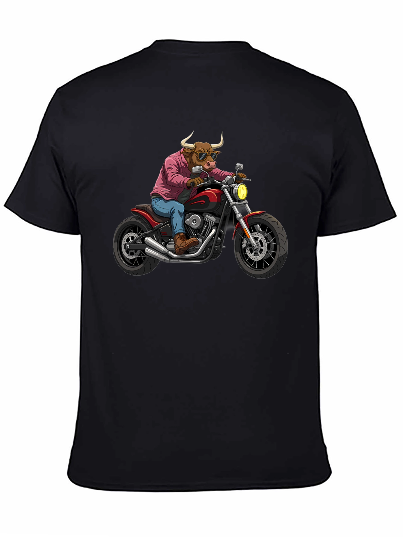 Black Cool Bull on Motorcycle T-Shirt - Black Cotton Graphic Tee view 4