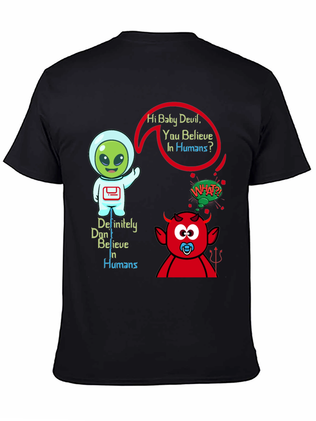 Black Alien & Baby Devil Graphic T-Shirt - Believe in Humans? view 4