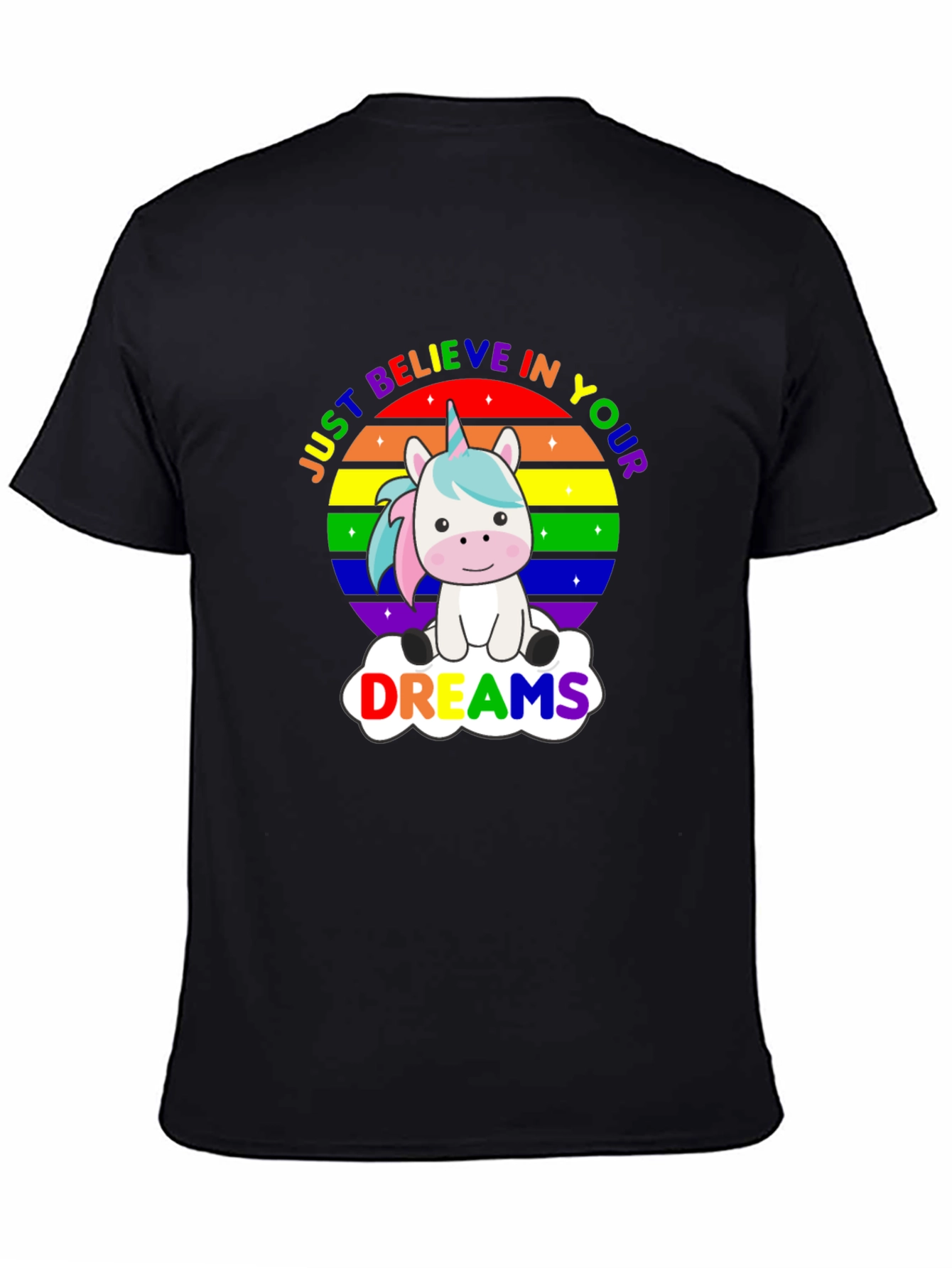 Black Believe in Your Dreams Rainbow Unicorn T-Shirt view 4