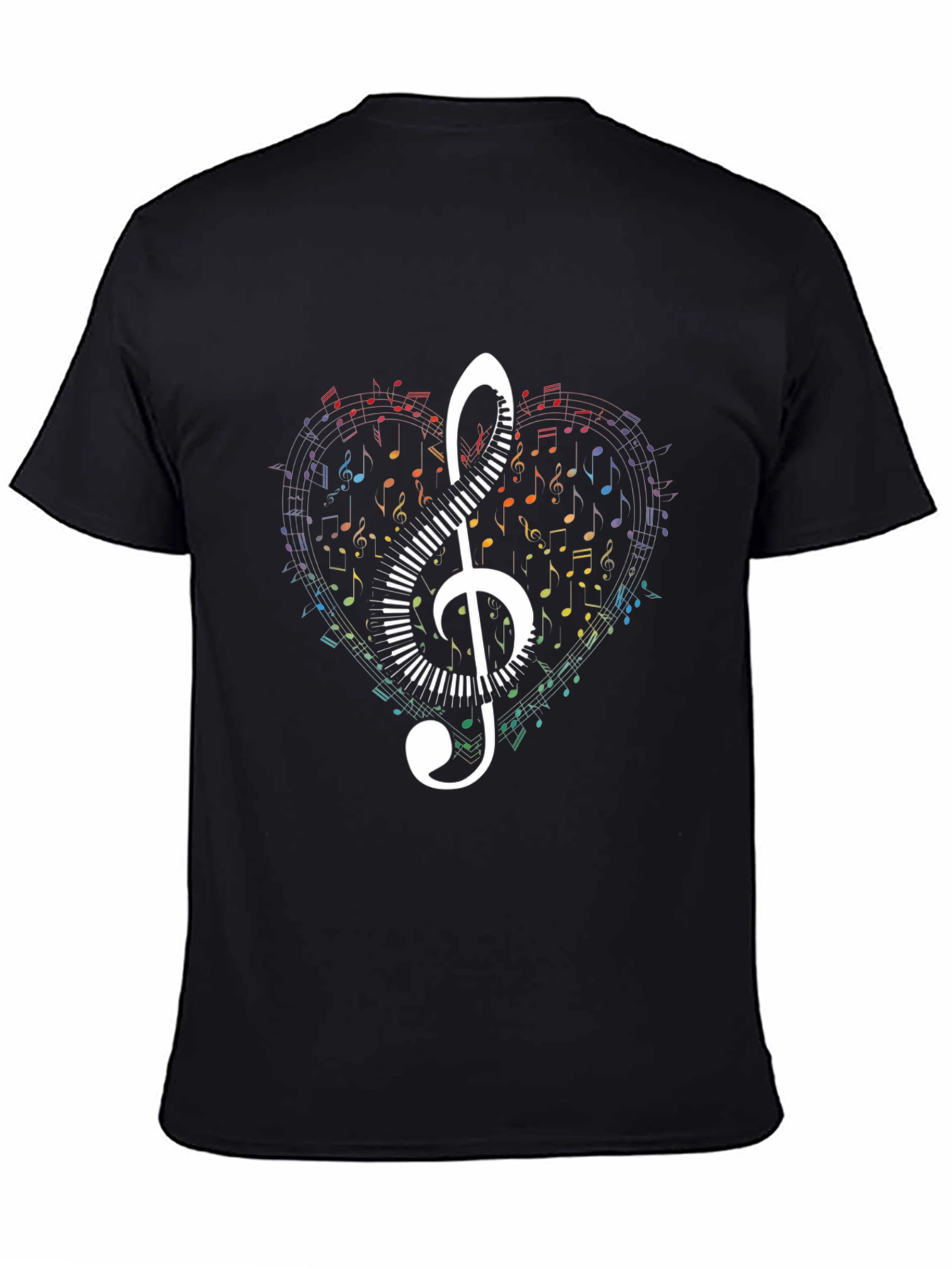 Black Music Heart T-Shirt - Treble Clef & Piano Keys Design view 4