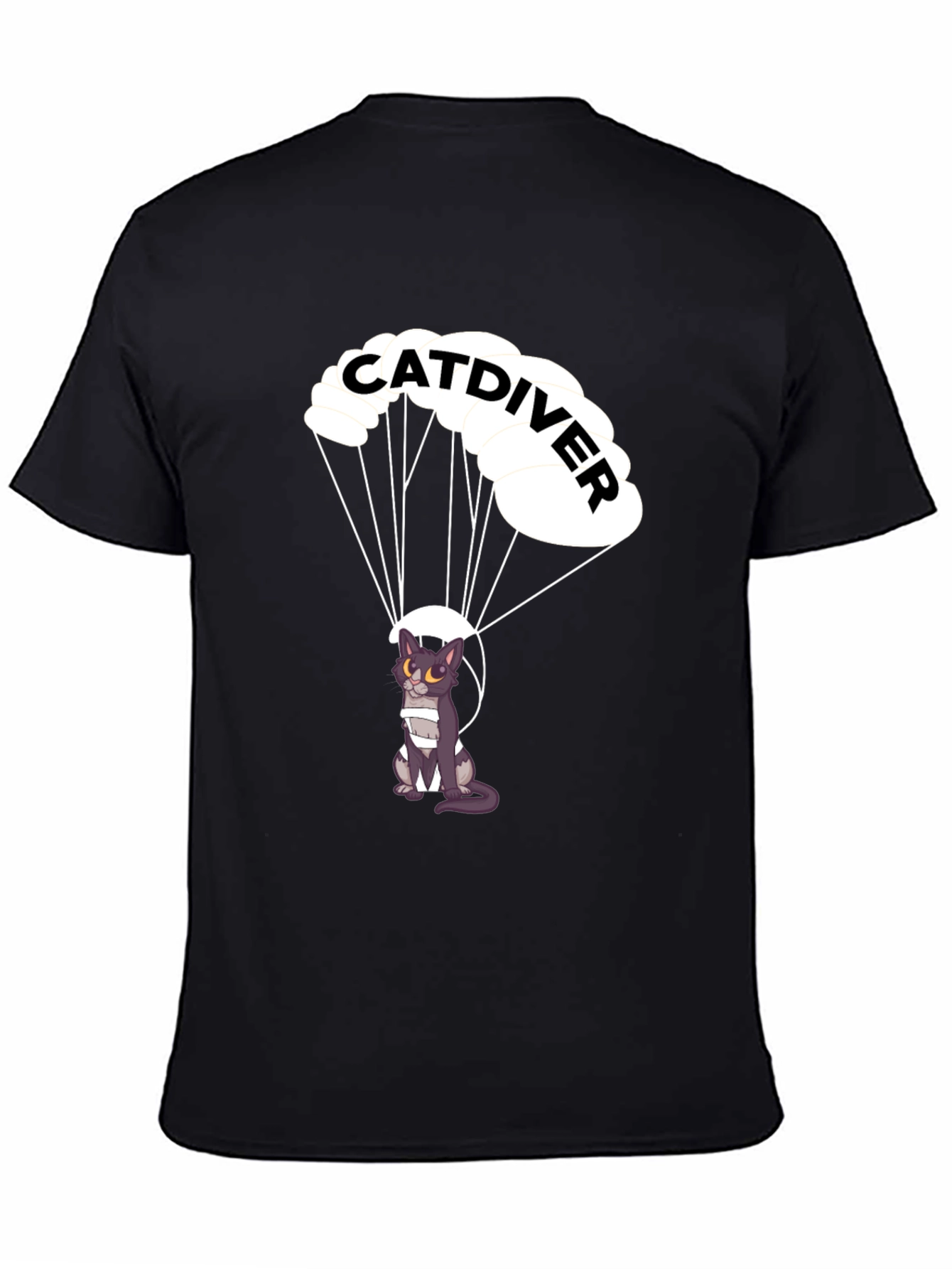 Black Catdiver T-Shirt - Parachuting Cat Graphic Tee view 4