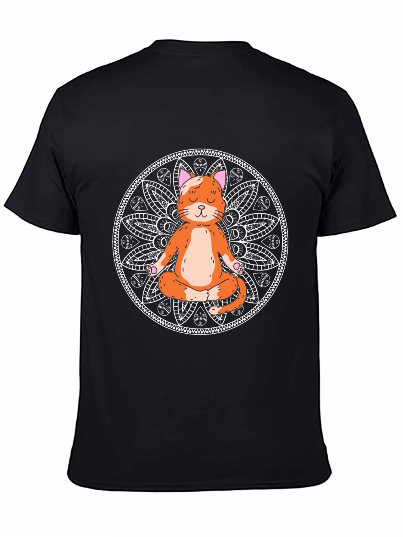 Black Yoga Cat Mandala Black T-Shirt - Meditating Feline view 4