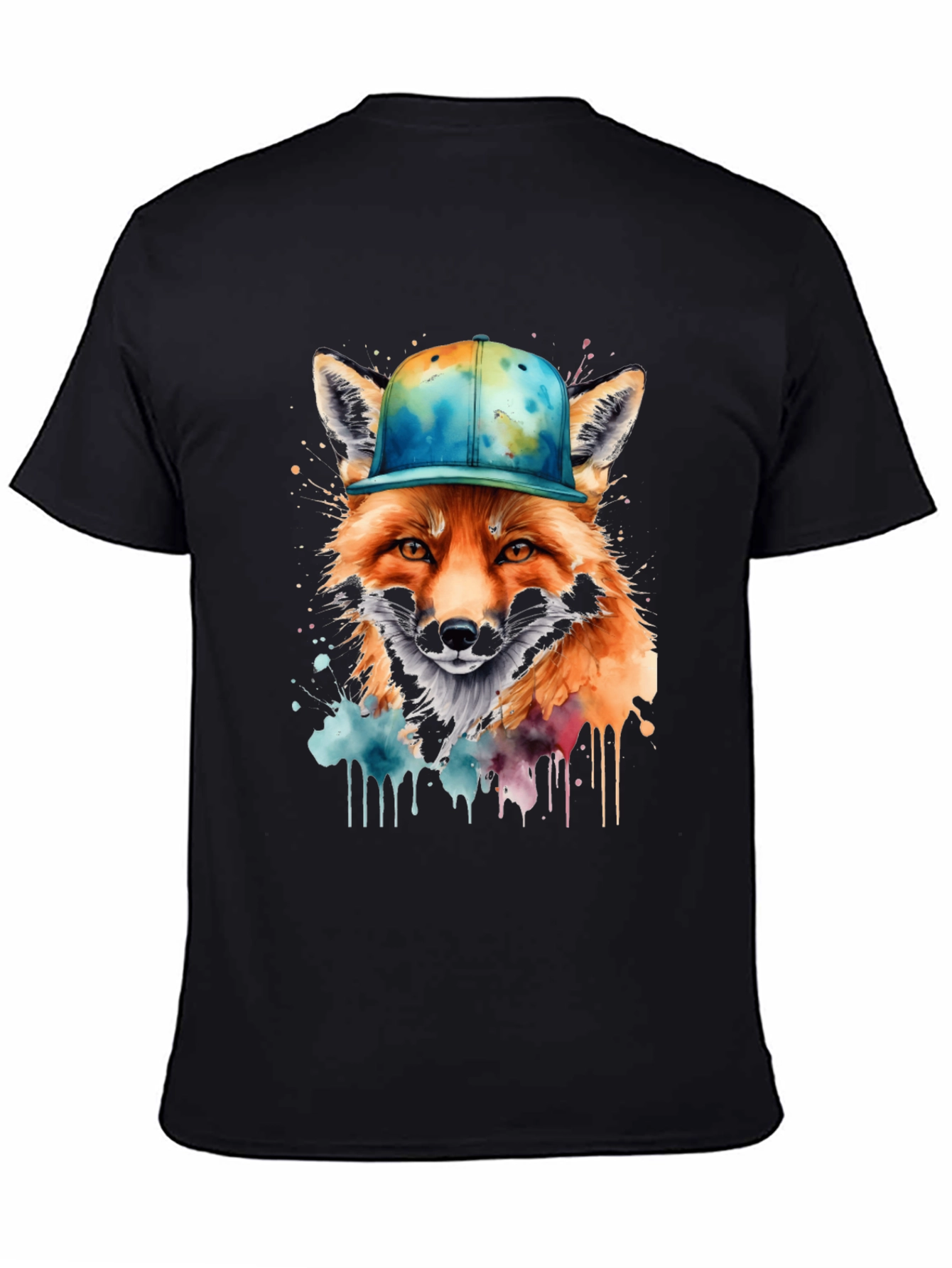 Black Fox in Cap Graphic Tee - Cool Watercolor Design view 4