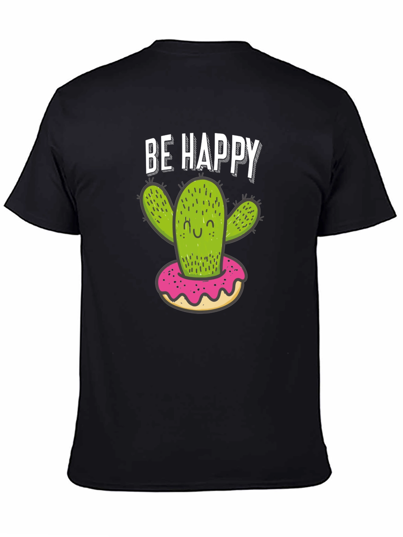 Black Be Happy Cactus Donut Graphic T-Shirt view 4