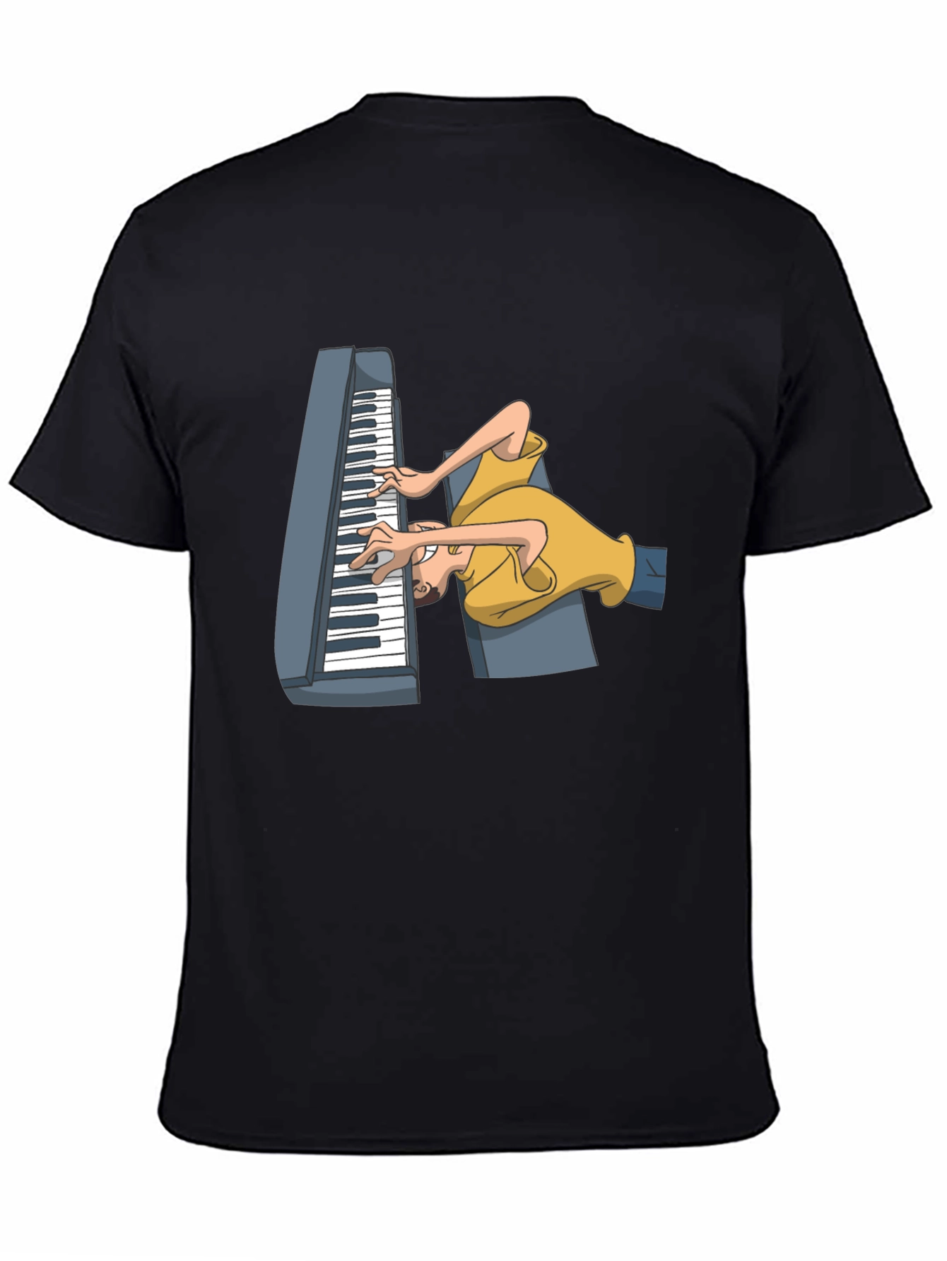 Black Funny Cartoon Piano Player Black T-Shirt view 4
