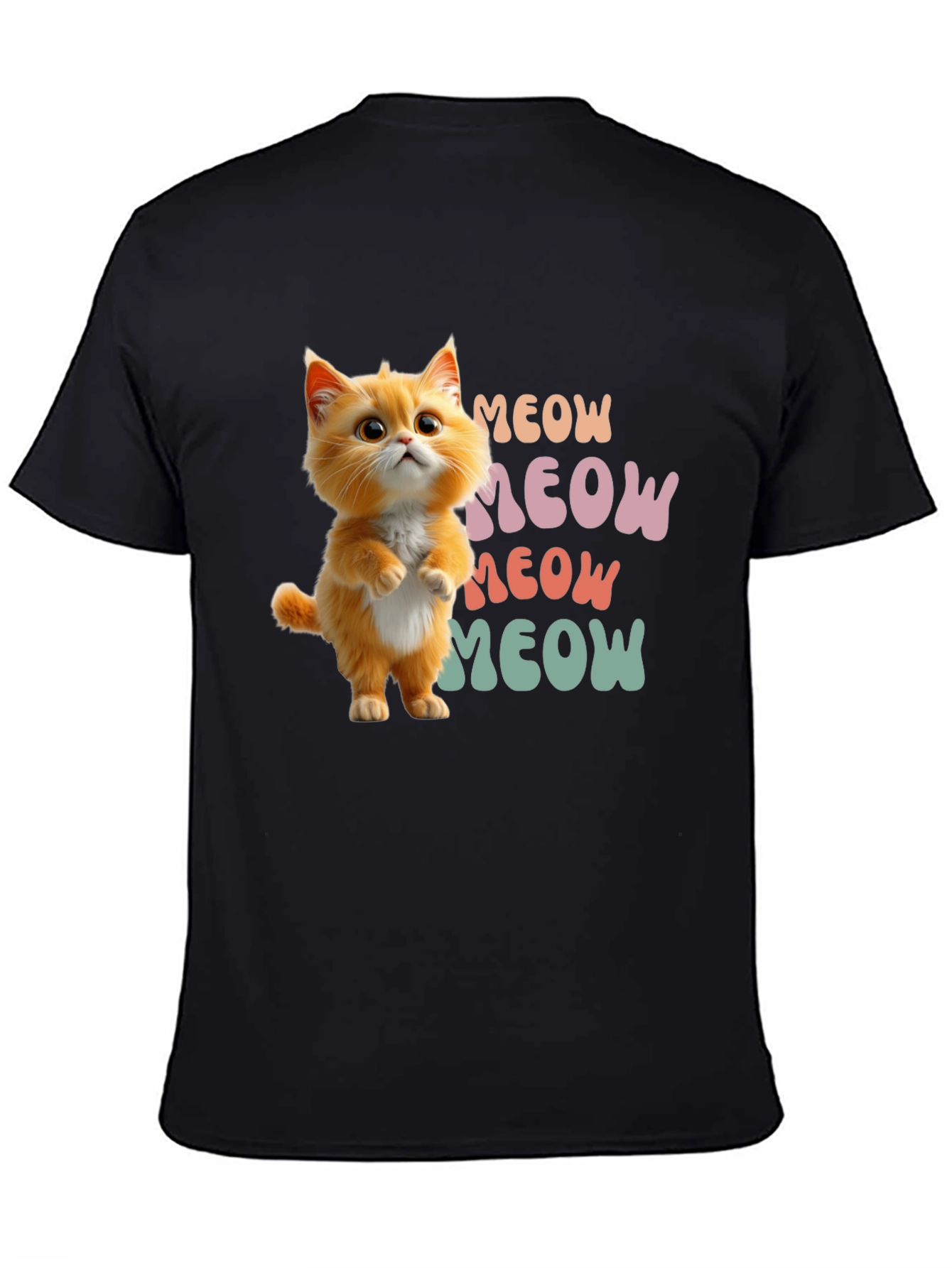 Black Cute Cartoon Cat Meow Graphic T-Shirt view 4