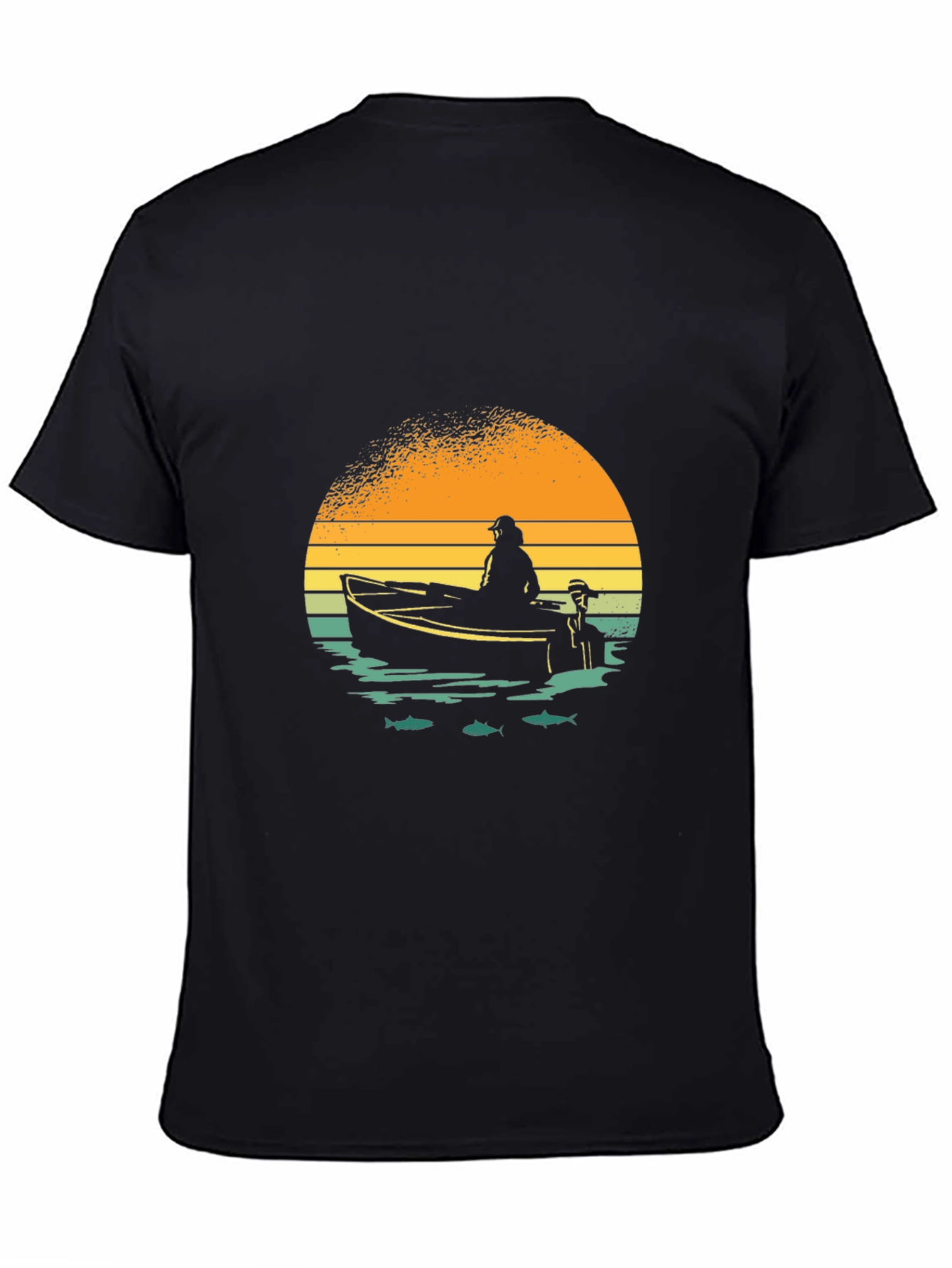Black Fishing Boat Graphic Tee - Retro Sunset Design view 4