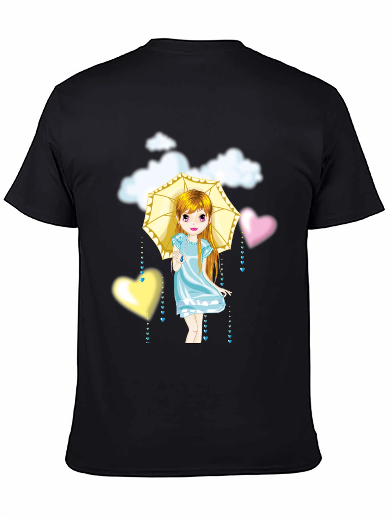 Black Cute Girl Umbrella Heart Cloud Black T-Shirt view 4