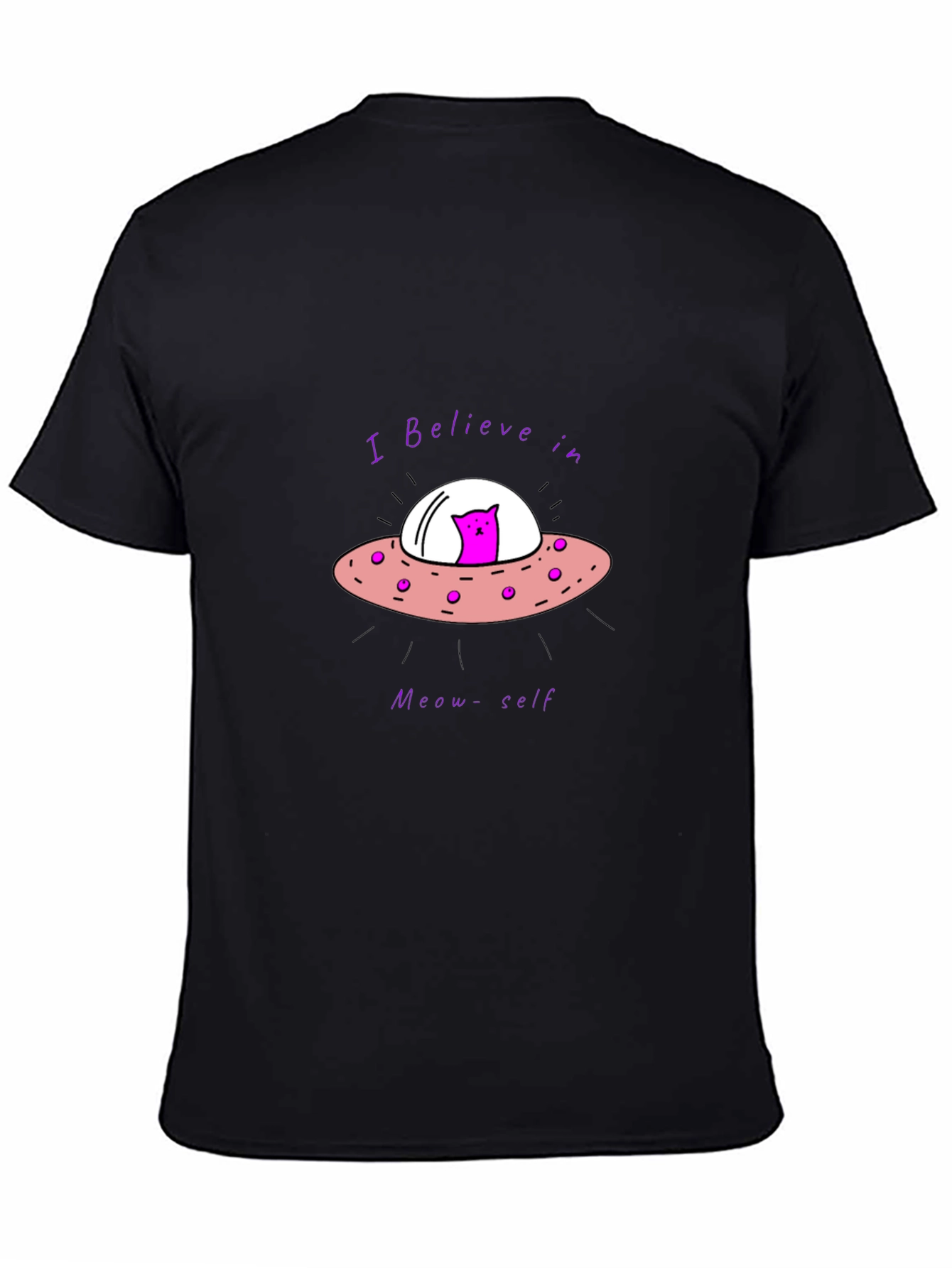 Black Believe in Meow-self Black T-Shirt - Cat Alien UFO view 4