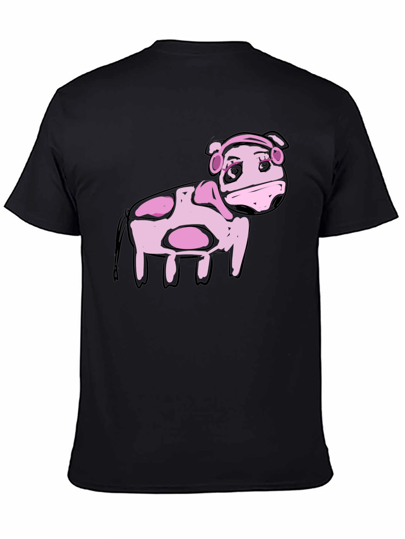 Black Cartoon Pink Cow Black T-Shirt view 4