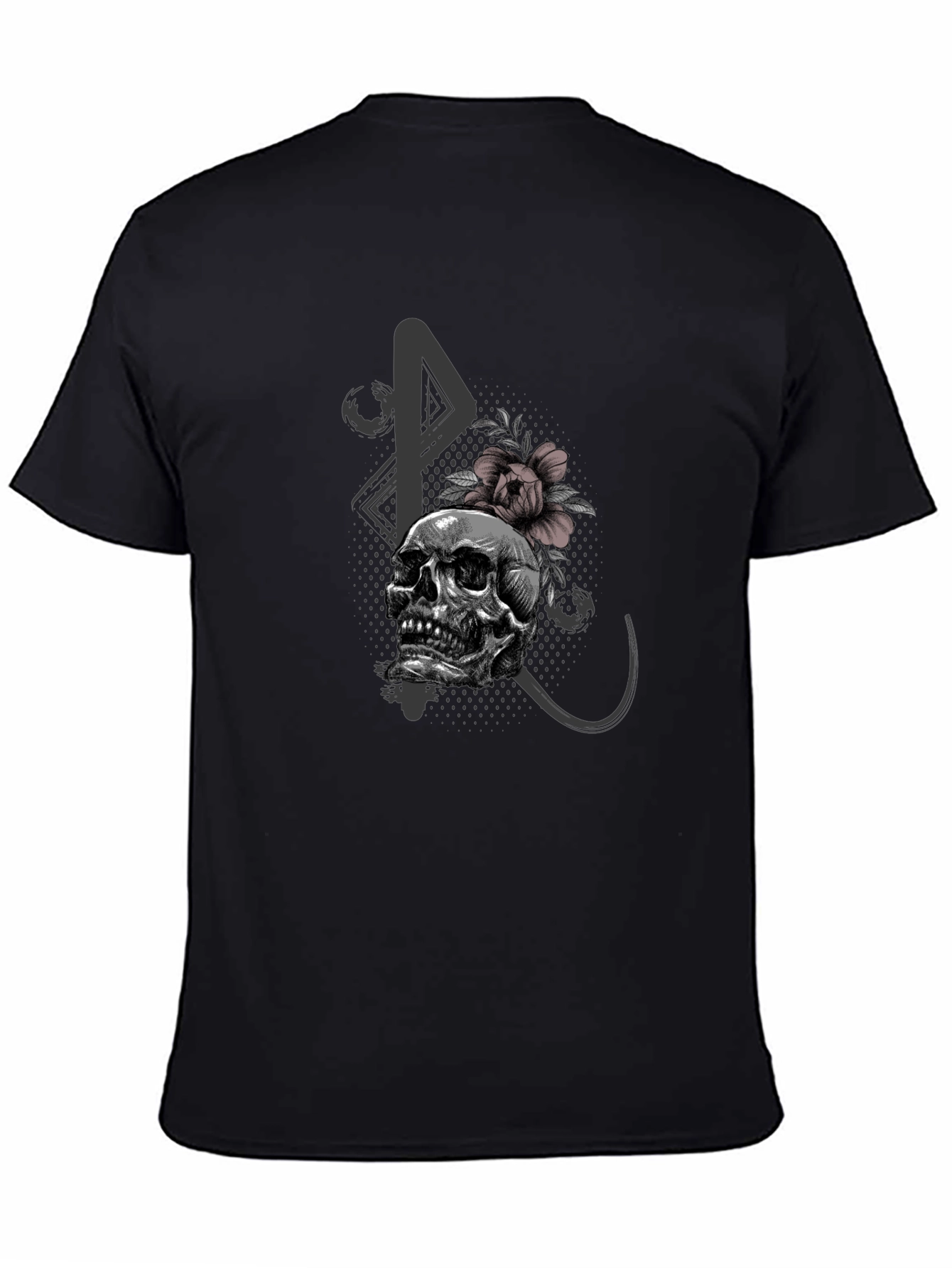 Black Skull and Flower Graphic Print Black T-Shirt view 4