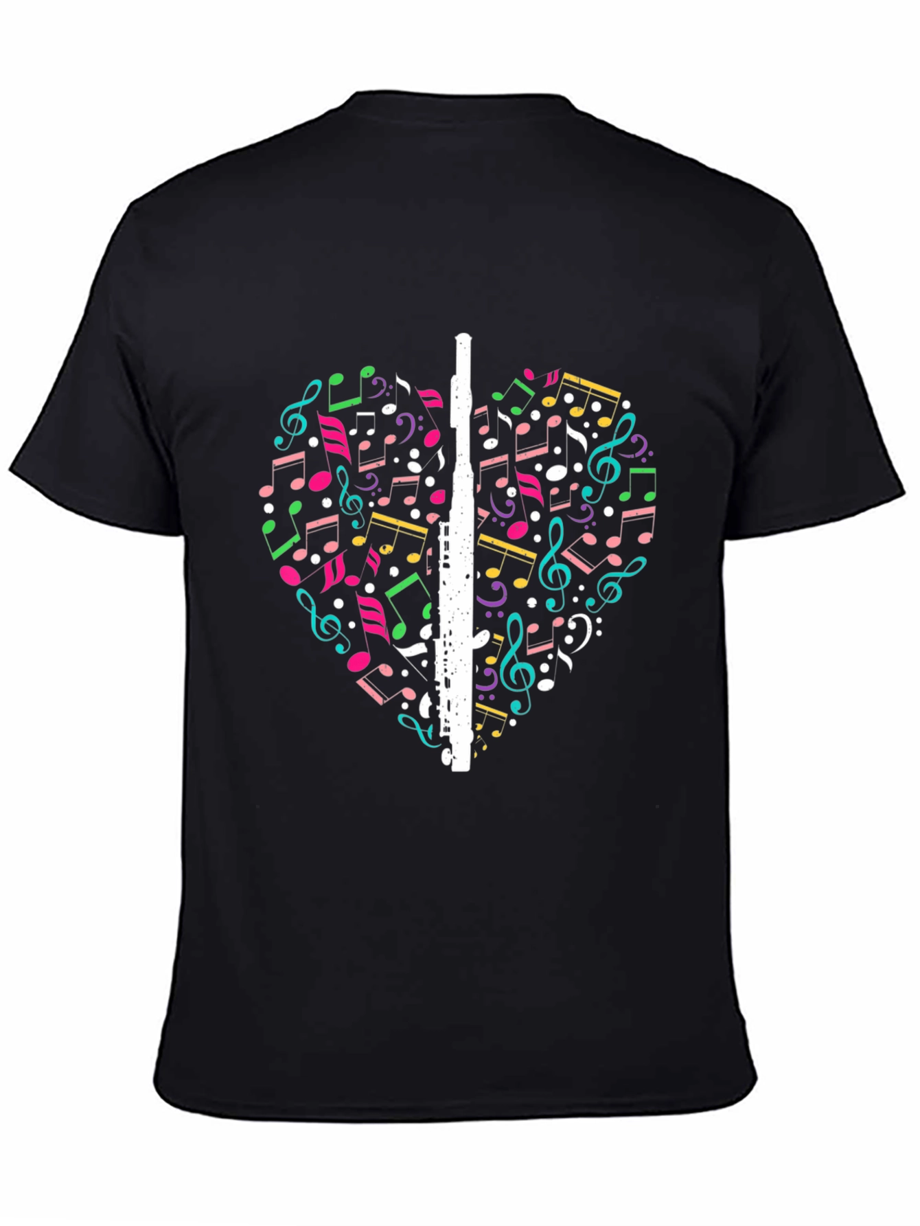 Black Musical Heart T-Shirt - Flute & Notes Design view 4