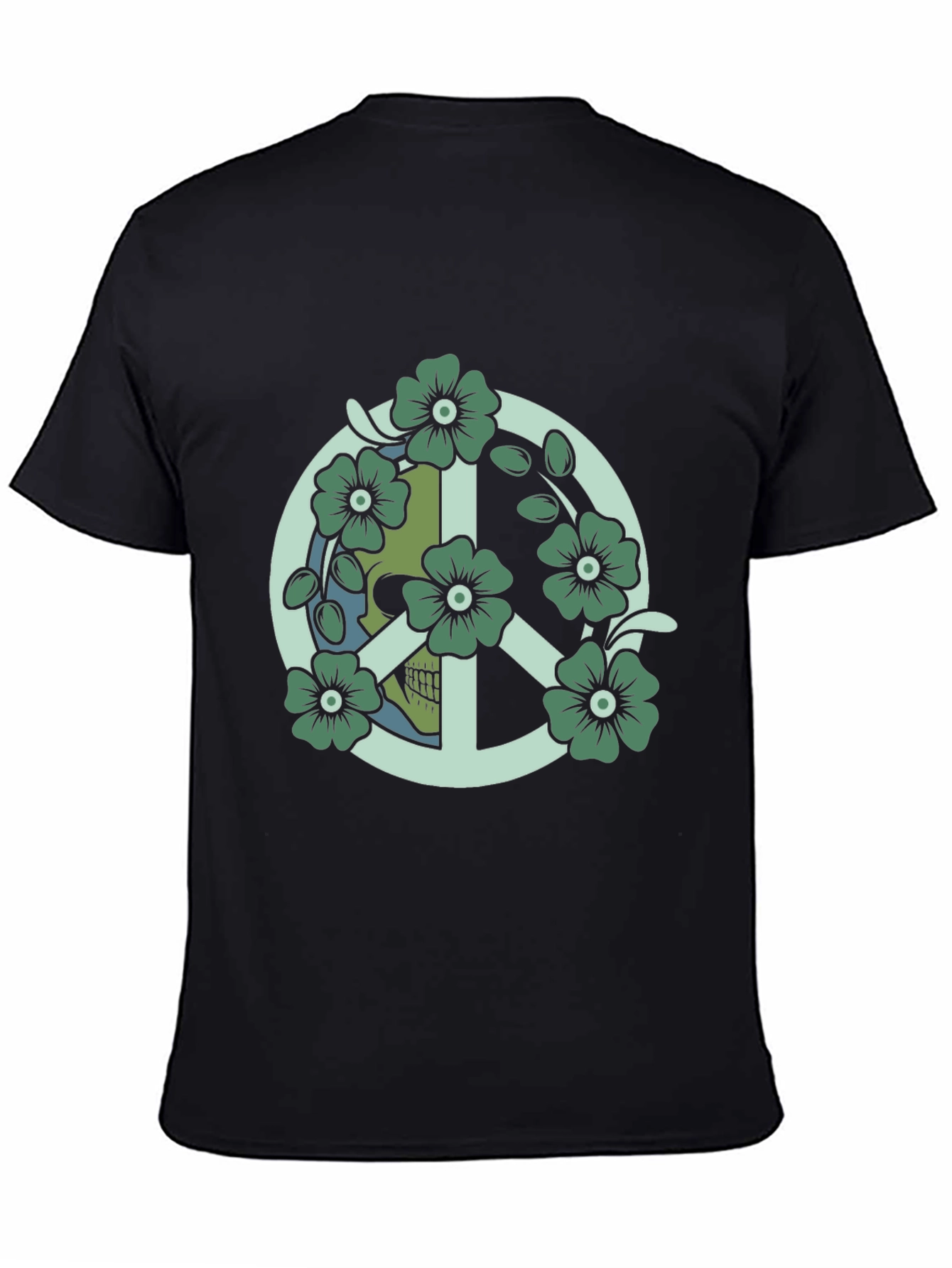 Black Peace Skull Flower Graphic Tee - Black view 4