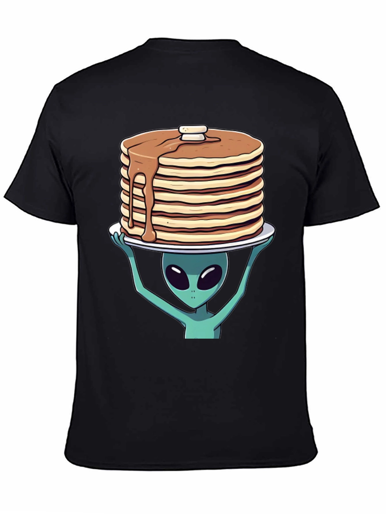 Black Alien Pancakes T-Shirt - Space Foodie Tee view 4