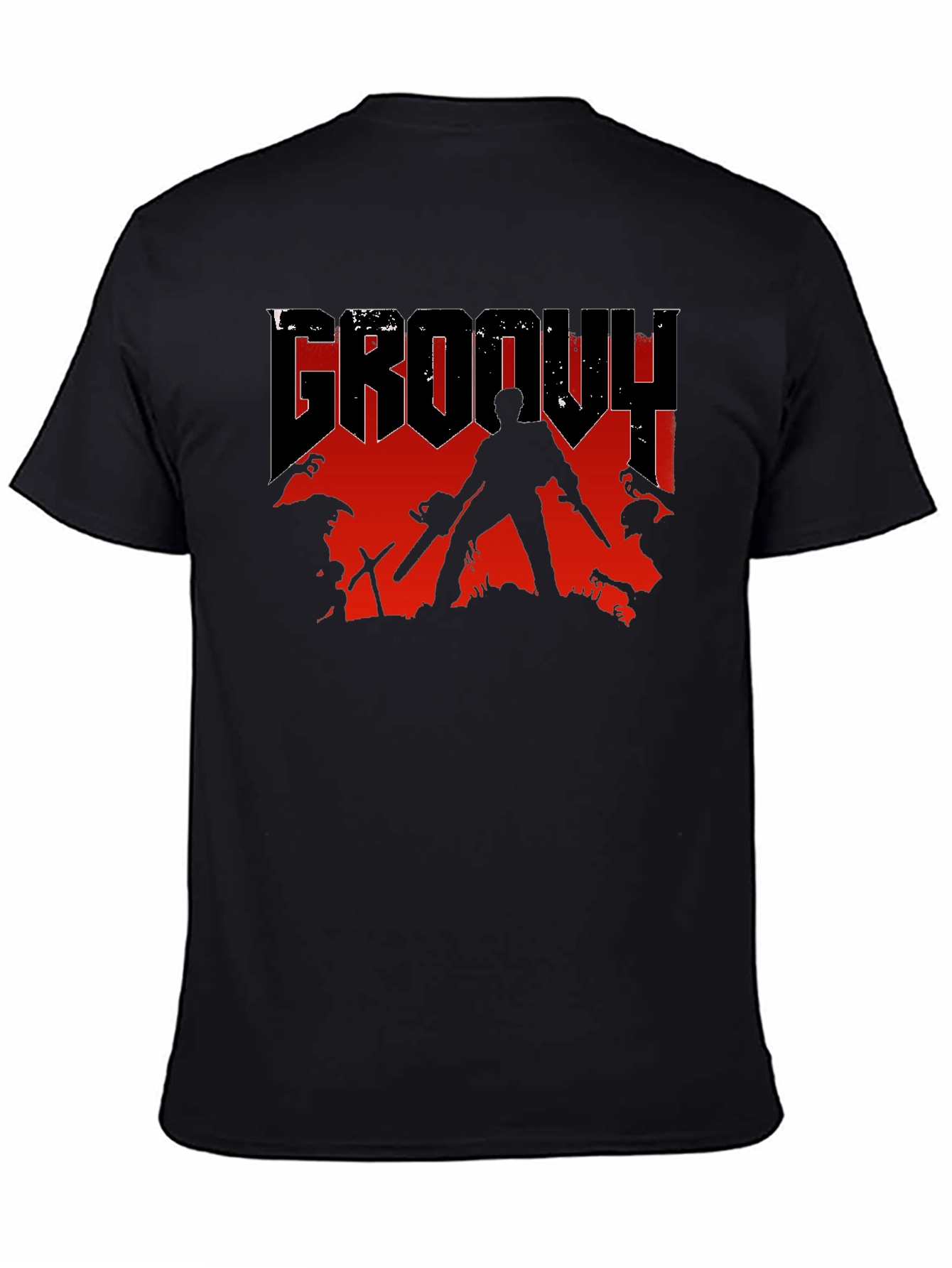 Black Groovy Horror T-Shirt - Chainsaw & Boomstick Design view 4