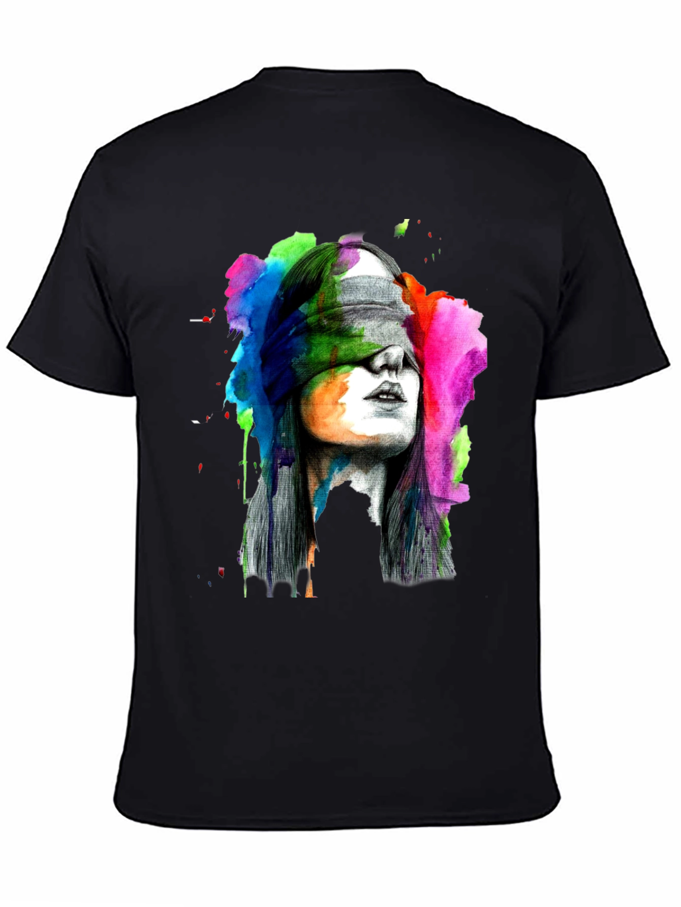 Black Blindfolded Woman Graphic Tee - Artistic Black T-Shirt view 4