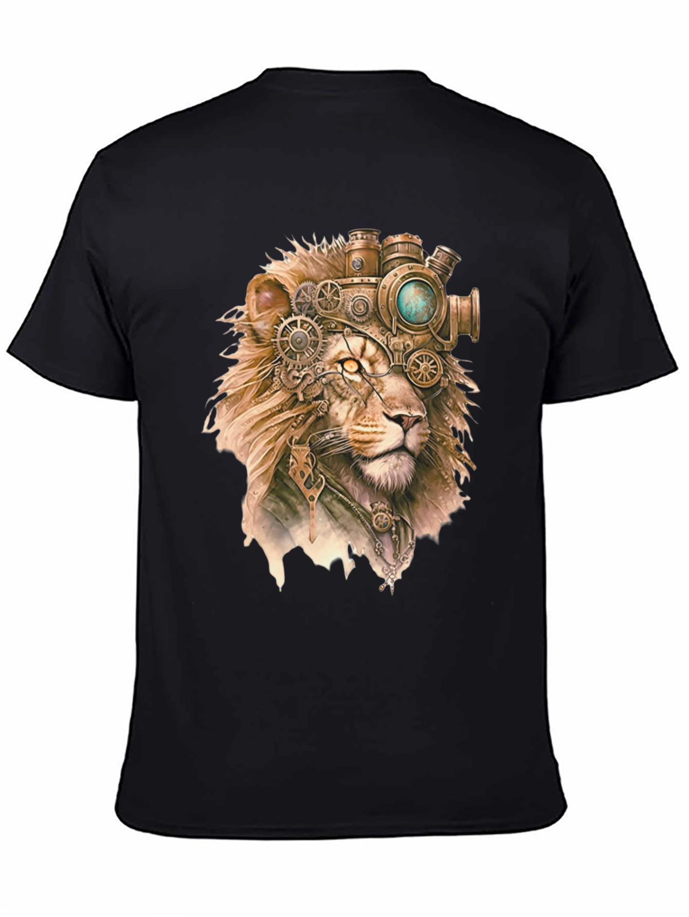 Black Steampunk Lion Graphic Print Black T-Shirt view 4