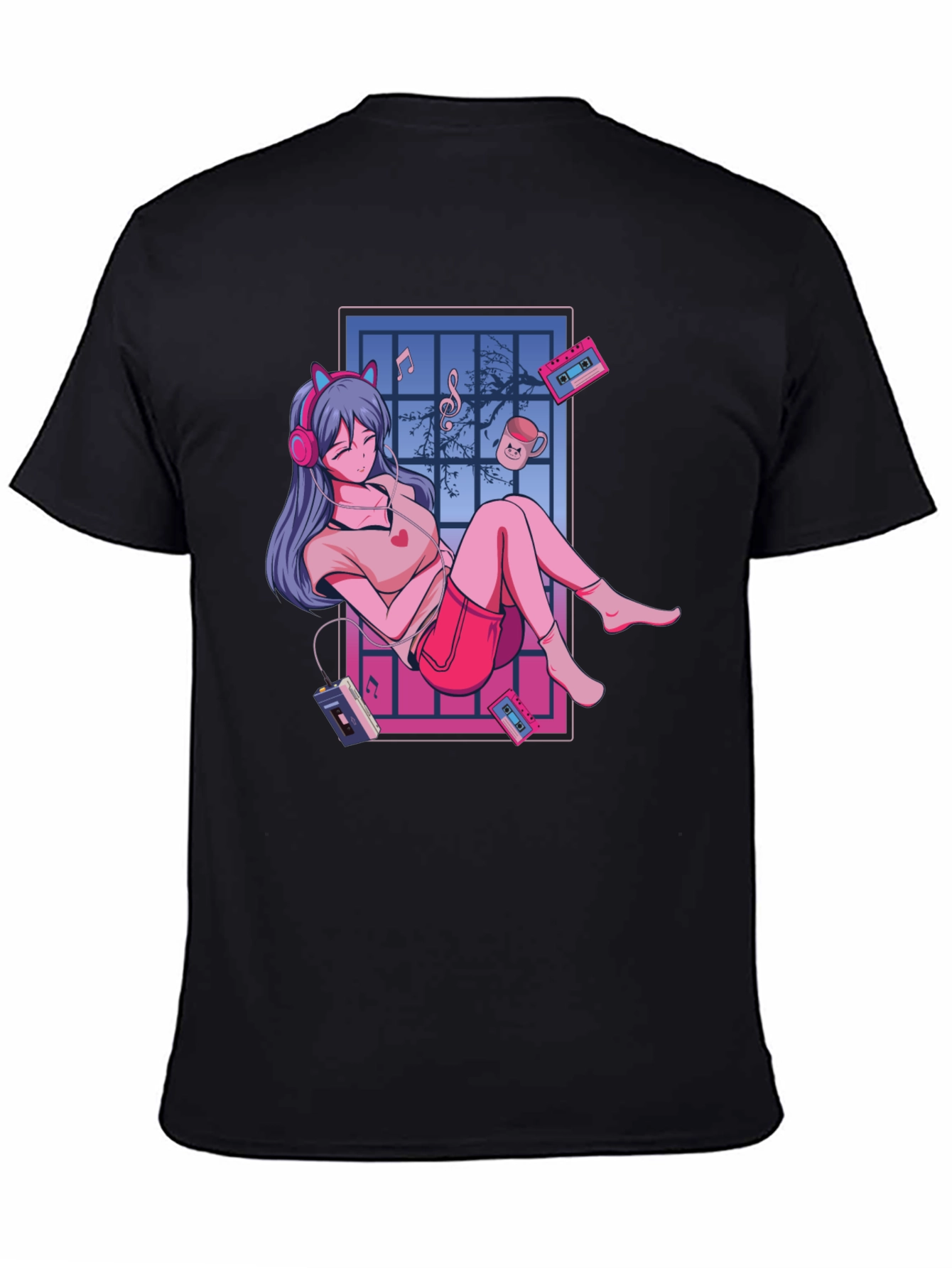 Black Anime Girl Music Lover T-Shirt - Black view 4