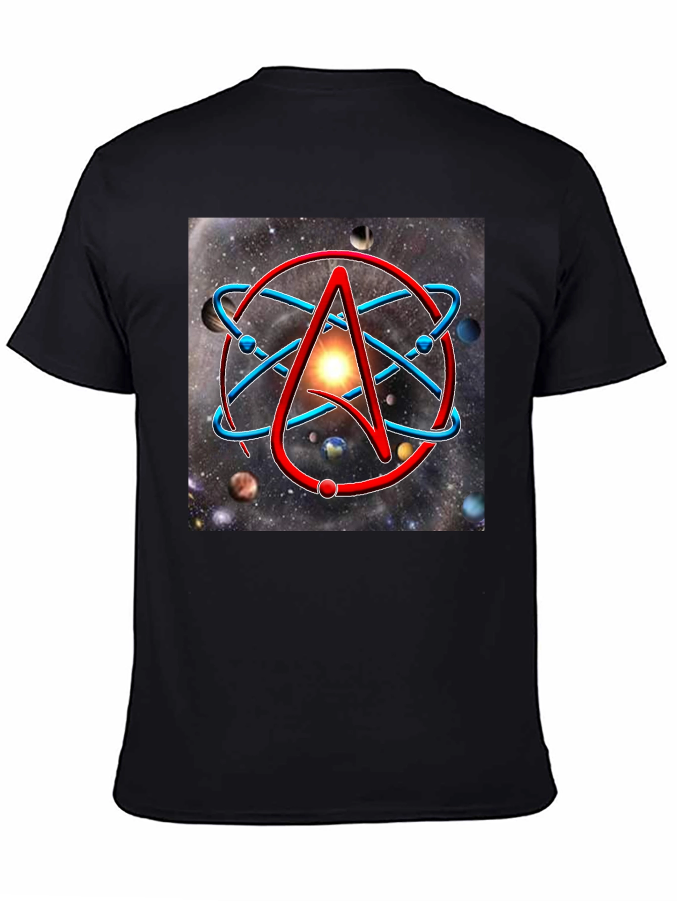 Black Atheist Symbol Graphic Tee - Space Background view 4