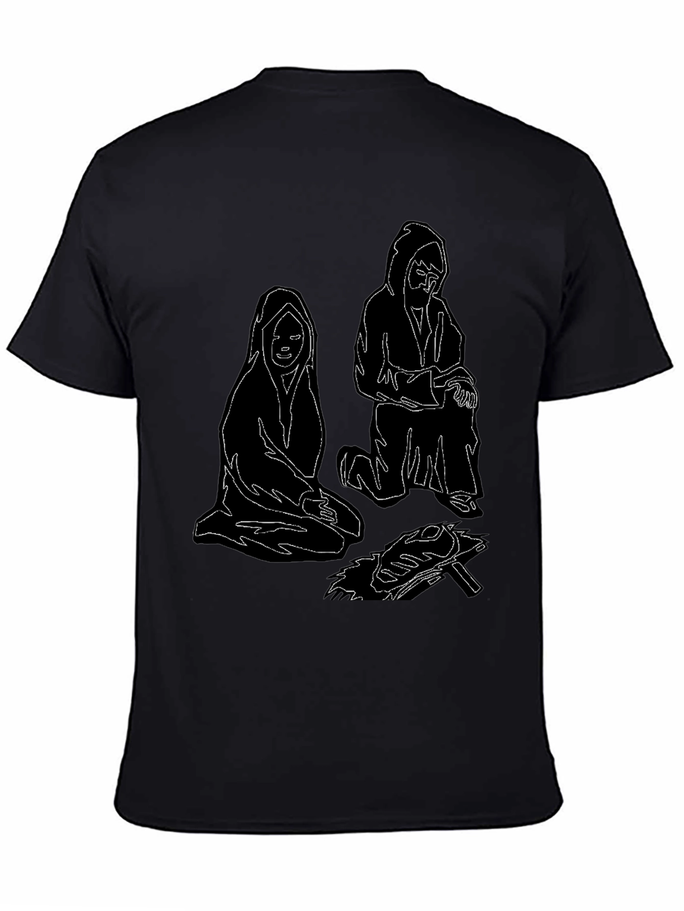 Black Unique Black T-Shirt with Illustrated Figures by Fire view 4