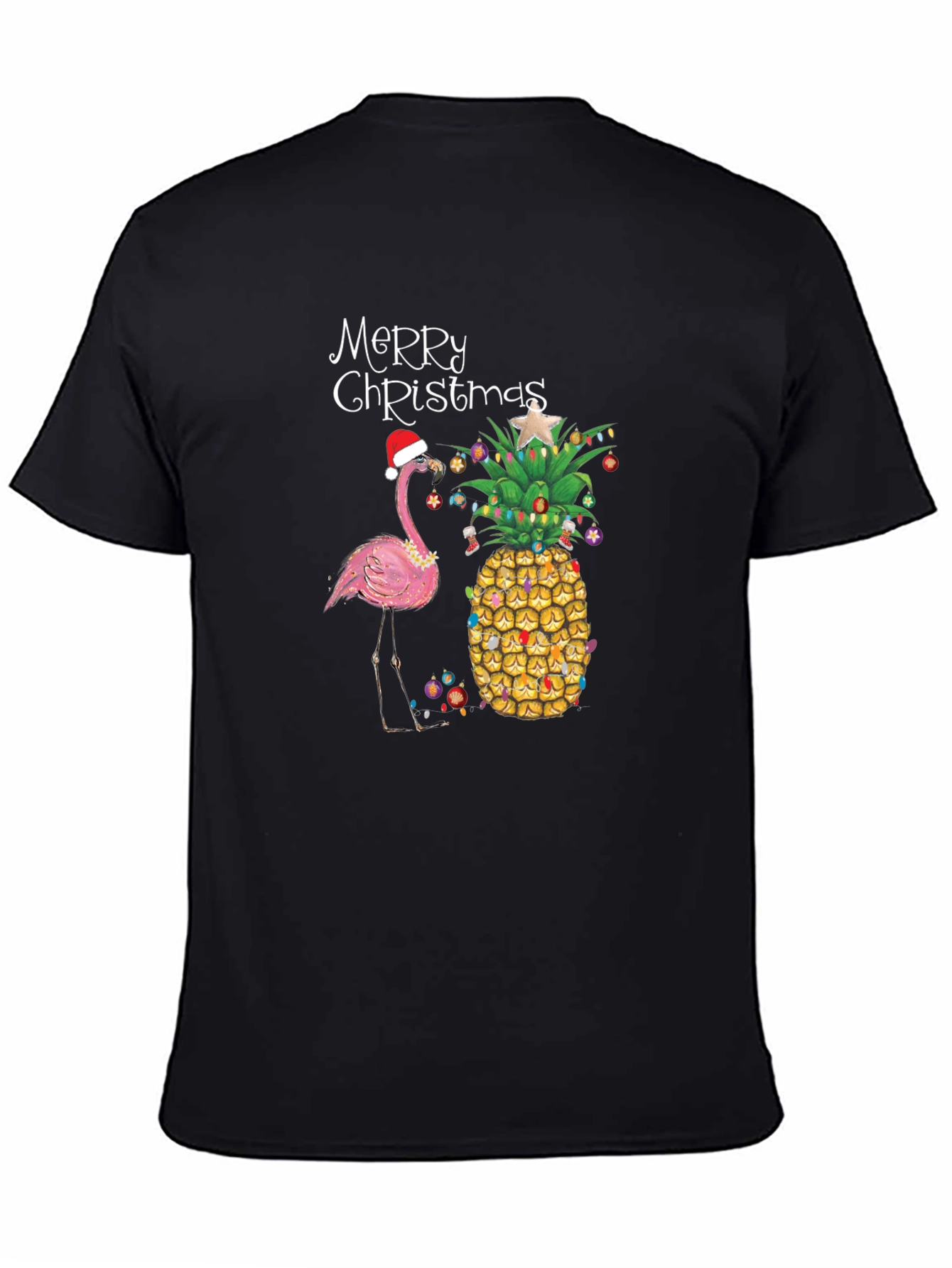 Black Festive Flamingo Pineapple Christmas Tee view 4