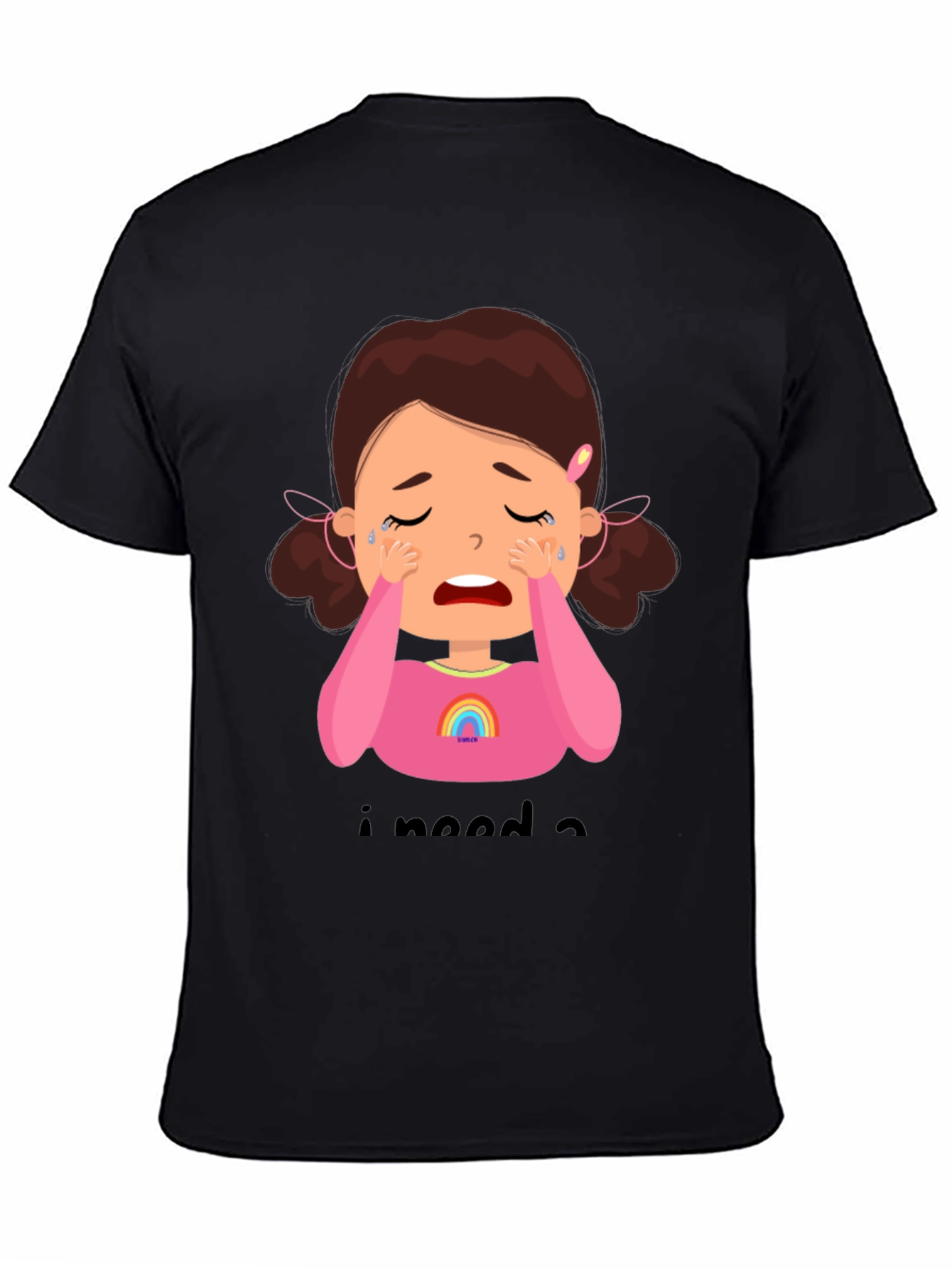 Black Crying Cartoon Girl Graphic Tee - Black Unisex Shirt view 4