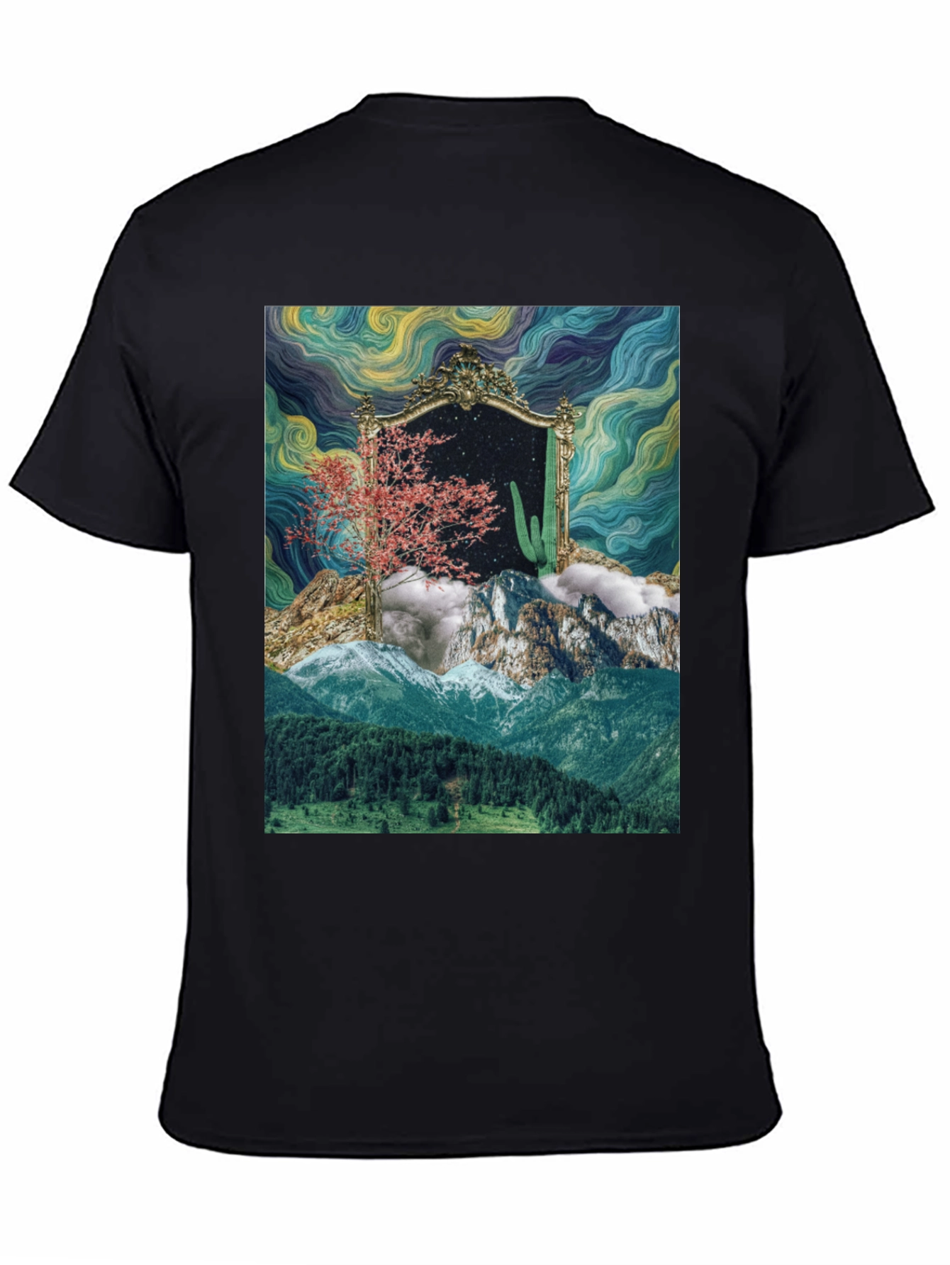 Black Surreal Landscape Mirror Graphic T-Shirt view 4