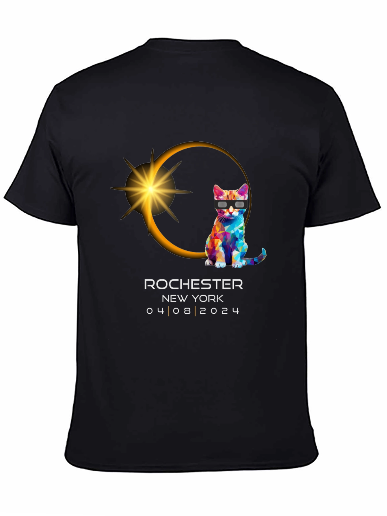 Black Rochester NY Eclipse 2024 Cat T-Shirt view 4