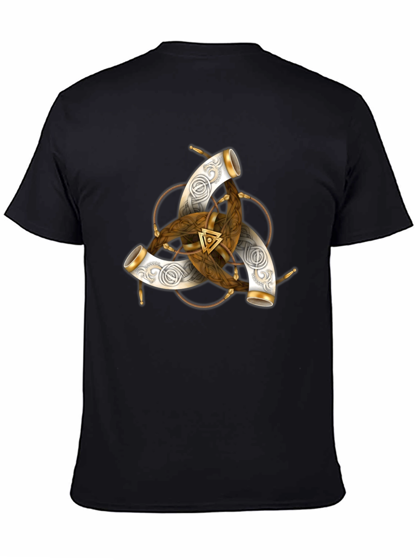 Black Men's Black T-Shirt with Viking Horns Symbol Design view 4