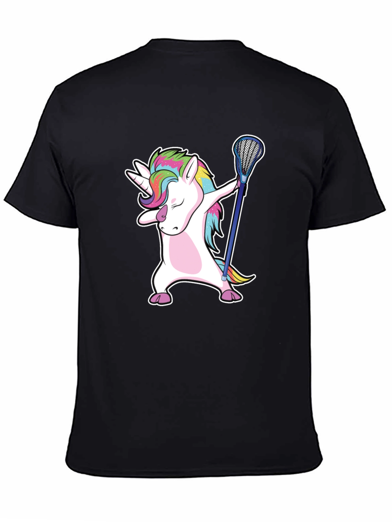 Black Unicorn Dabbing with Lacrosse Stick T-Shirt view 4