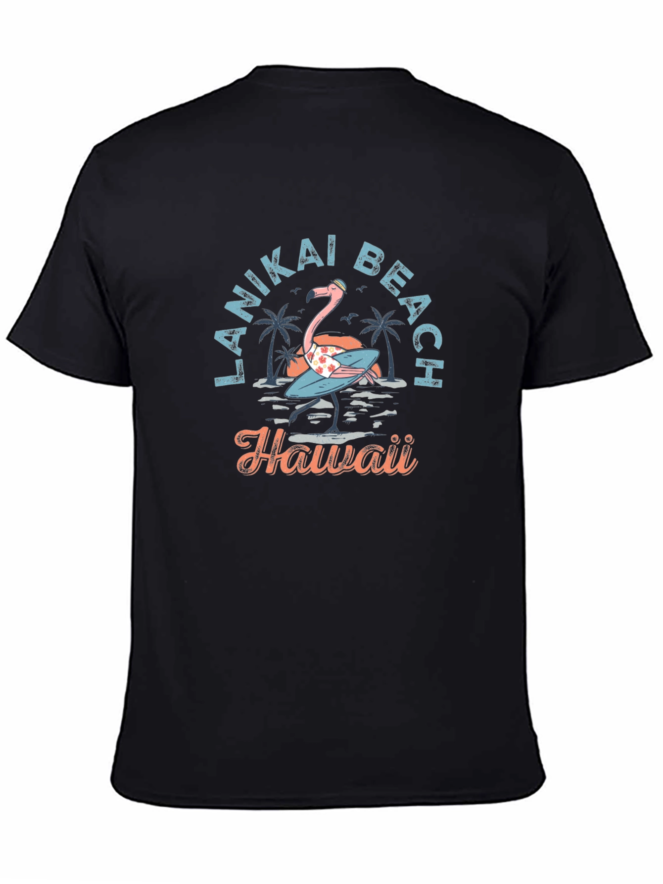 Black Lanikai Beach Hawaii Flamingo T-Shirt view 4