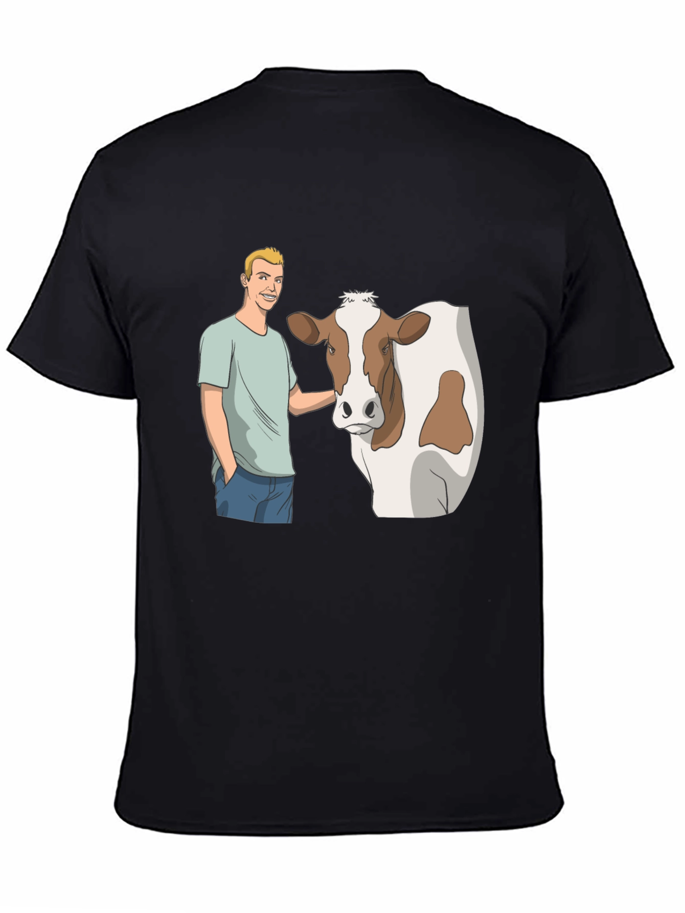 Black Cartoon Man & Cow Black T-Shirt view 4