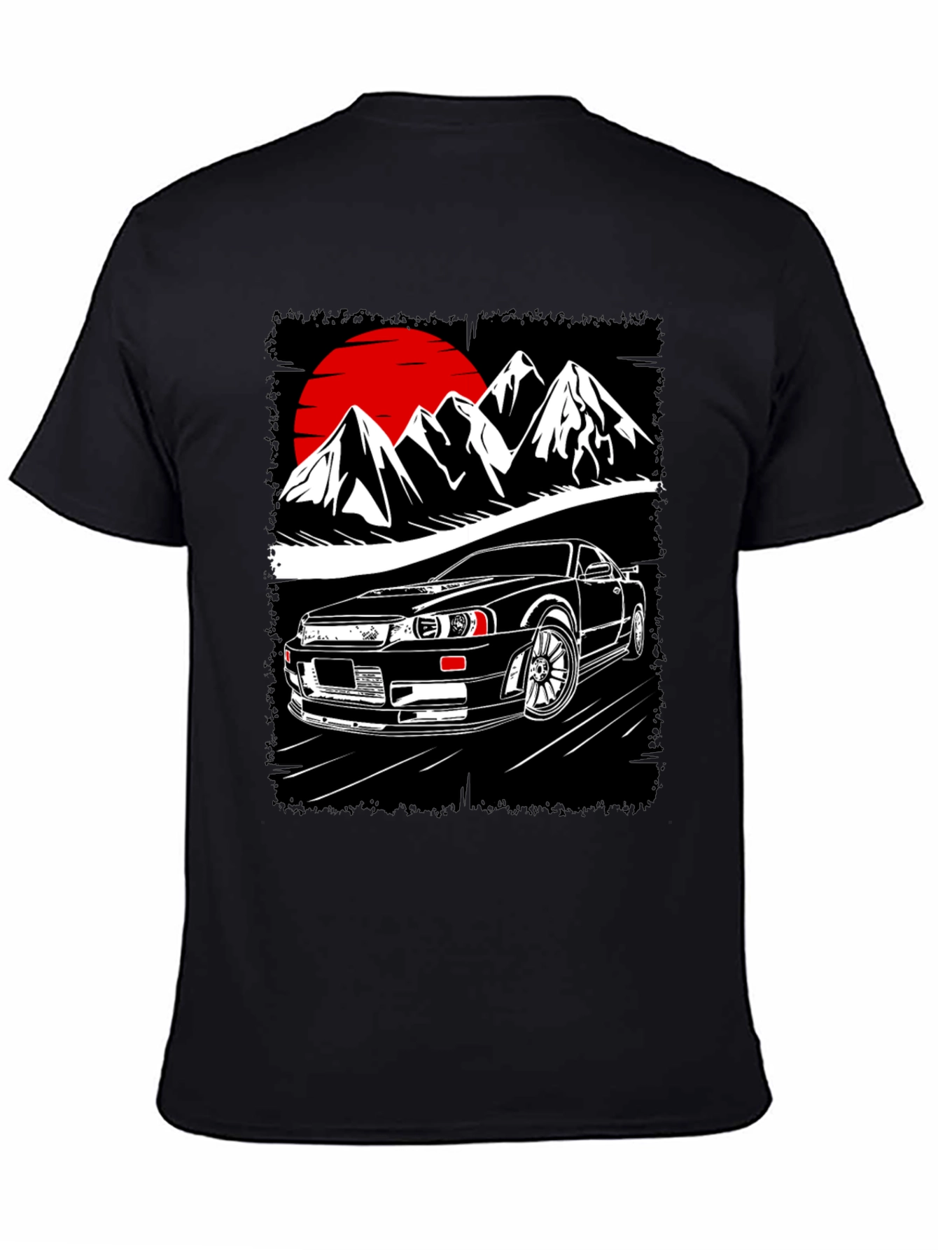 Black Car & Mountain Graphic Tee - Black Cotton T-Shirt view 4
