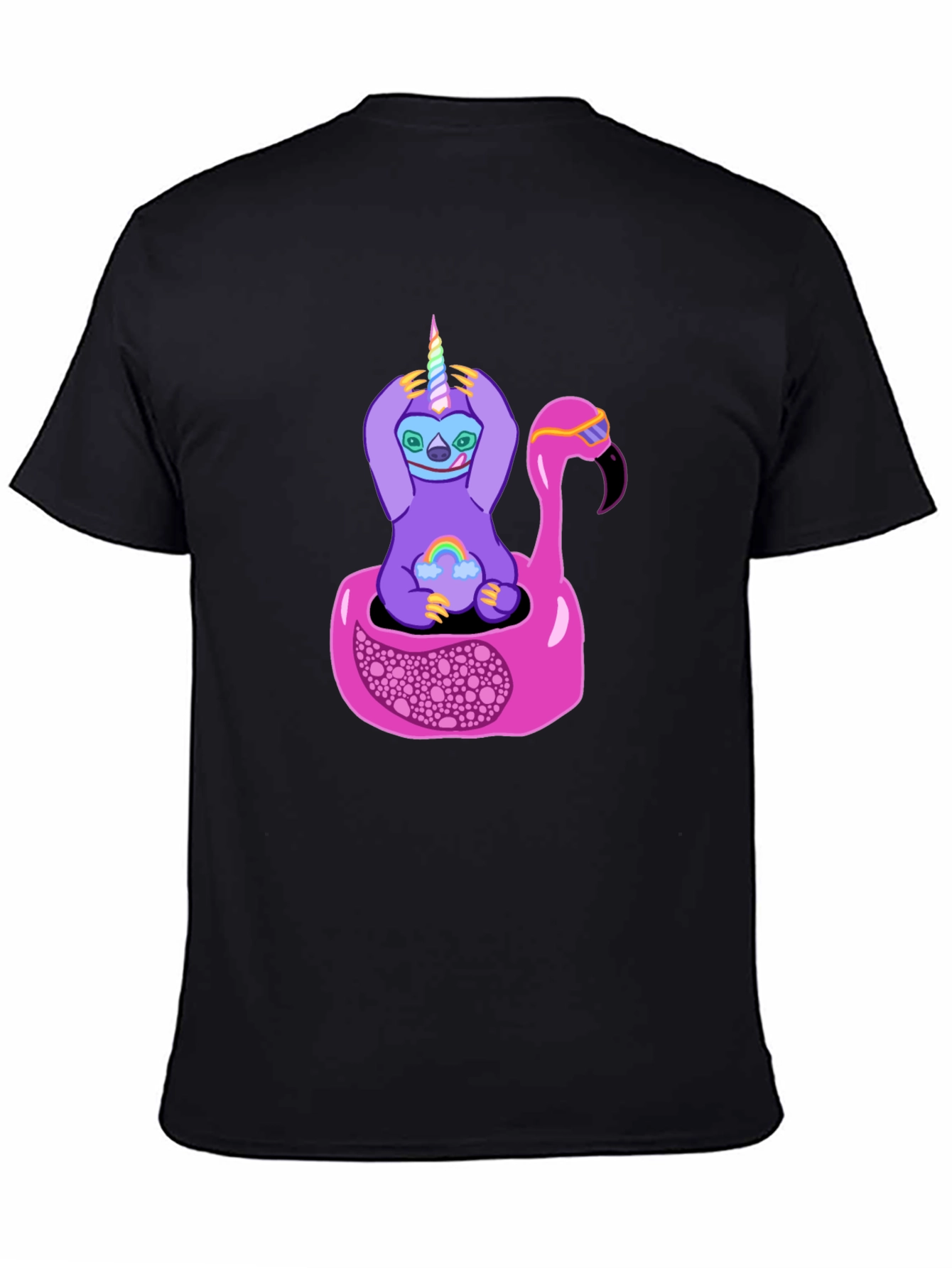 Black Sloth Unicorn Flamingo Pool Float Graphic Tee view 4