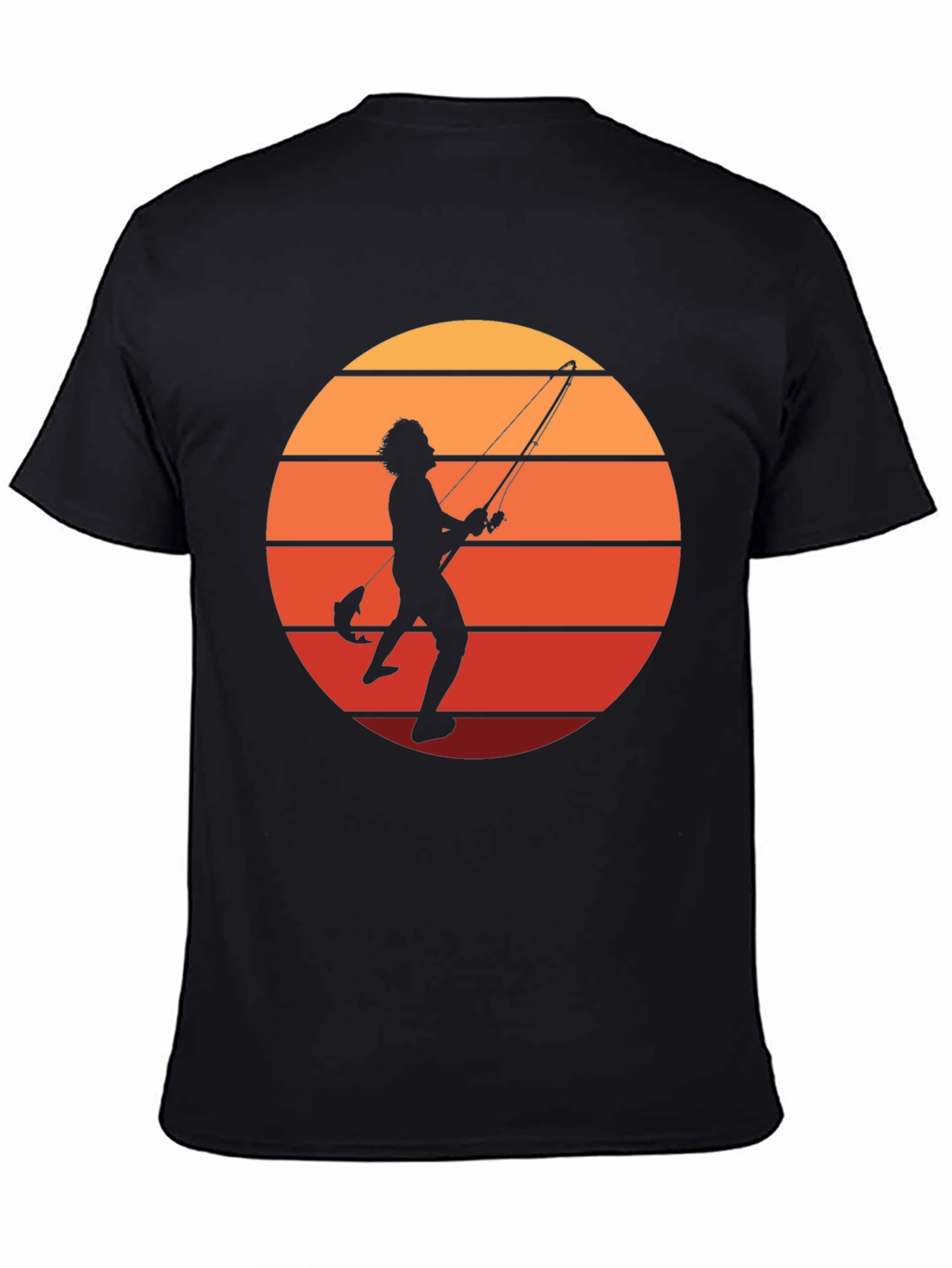 Black Retro Fishing T-Shirt - Sunset Silhouette view 4