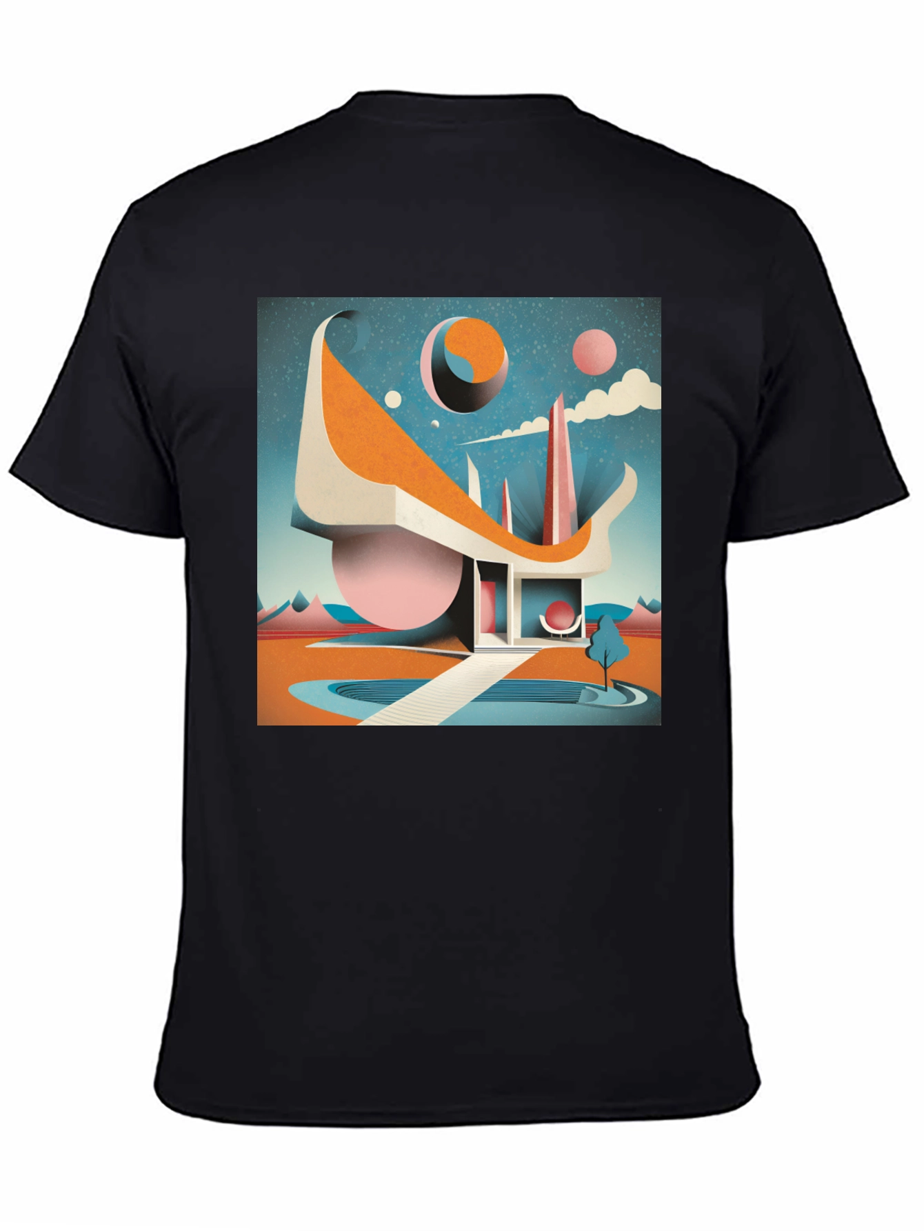 Black Retro Futuristic T-Shirt: Modernist Architectural Design view 4