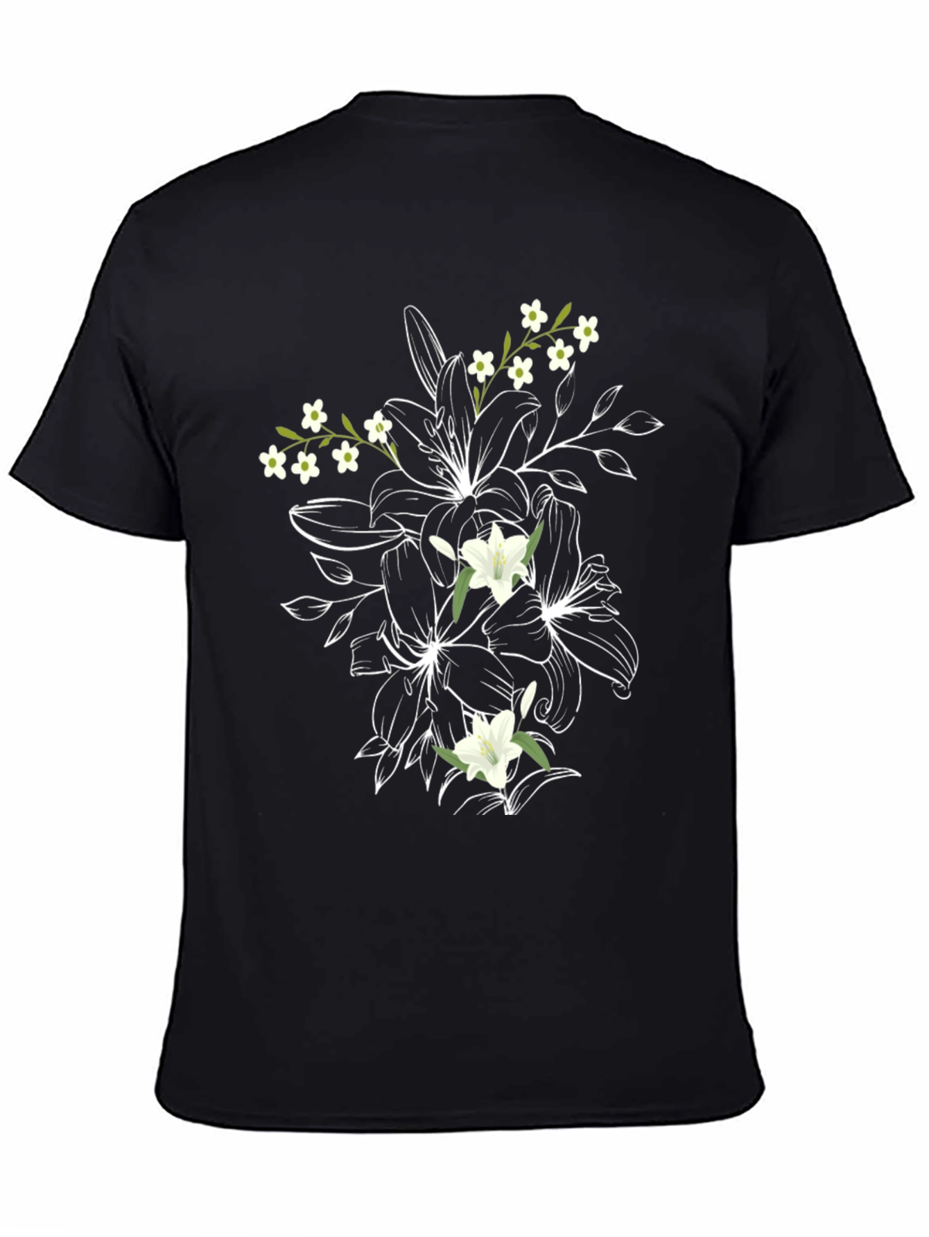 Black Floral Print T-Shirt: Black Cotton Tee with Lily Design view 4