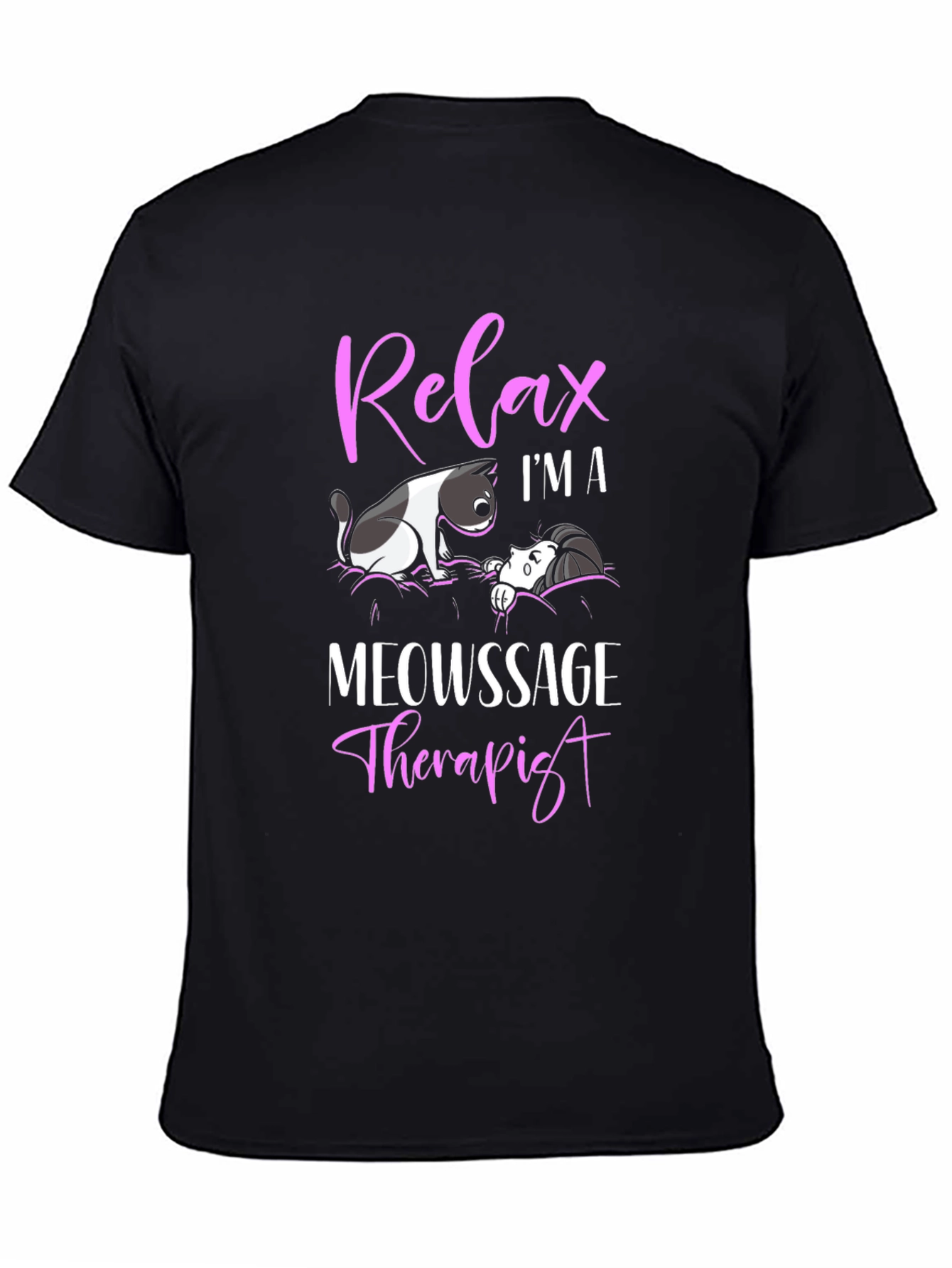 Black Relax I'm a Meowssage Therapist Black T-Shirt view 4