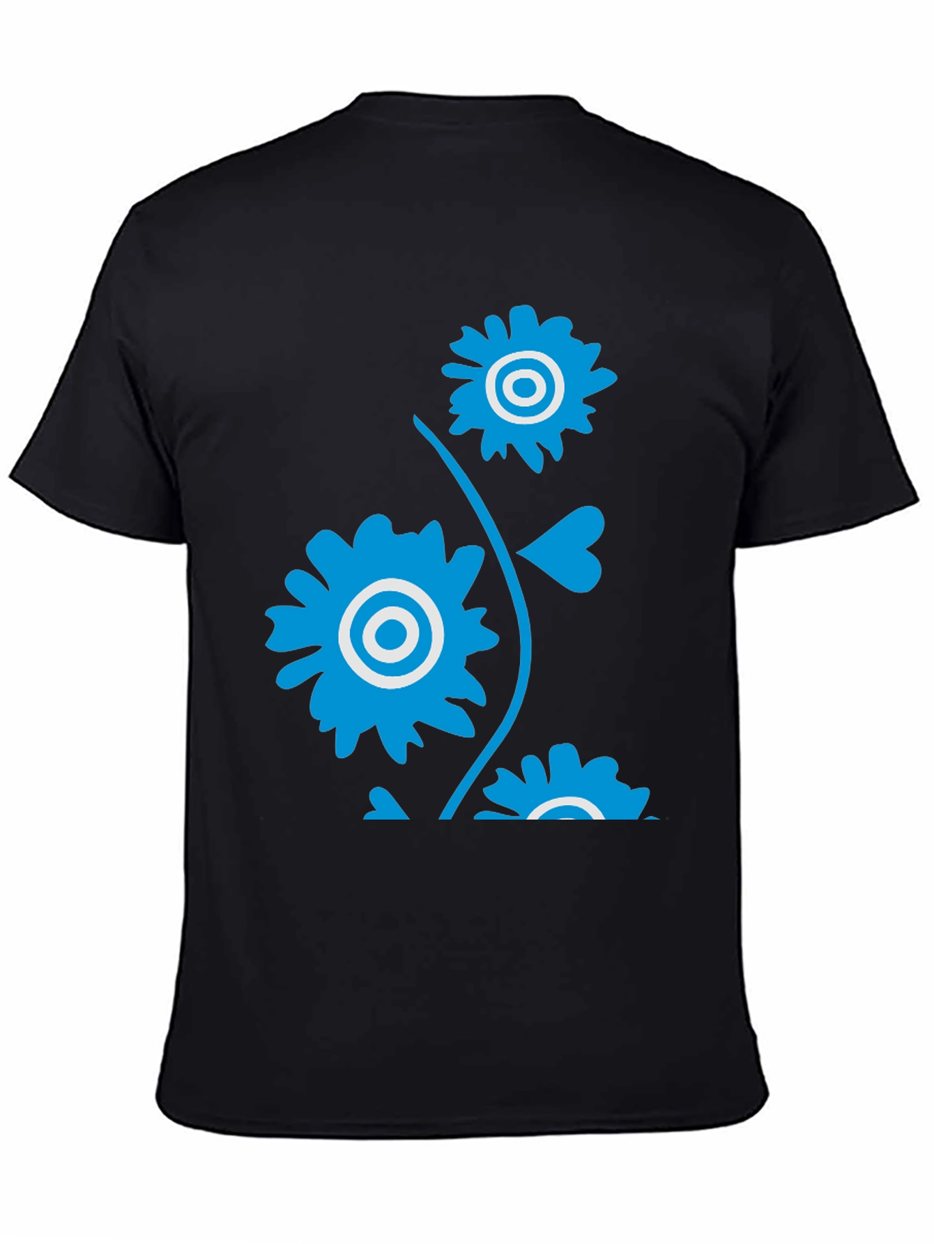 Black Men's Black T-Shirt with Blue Floral Design view 4