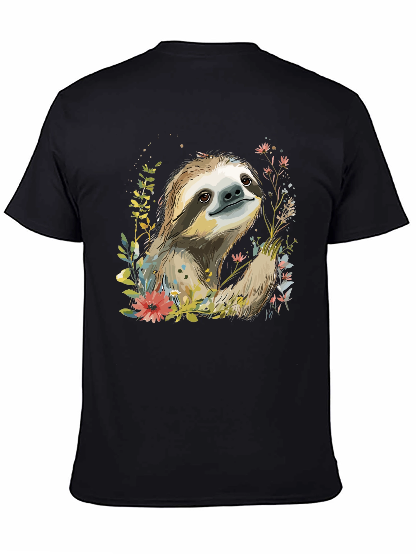 Black Sloth & Floral Print Black T-Shirt view 4