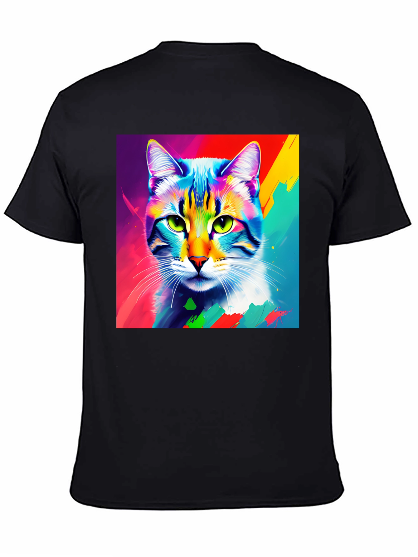 Black Vibrant Cat Portrait Graphic Tee - Stylish Crew Neck T-Shirt view 4